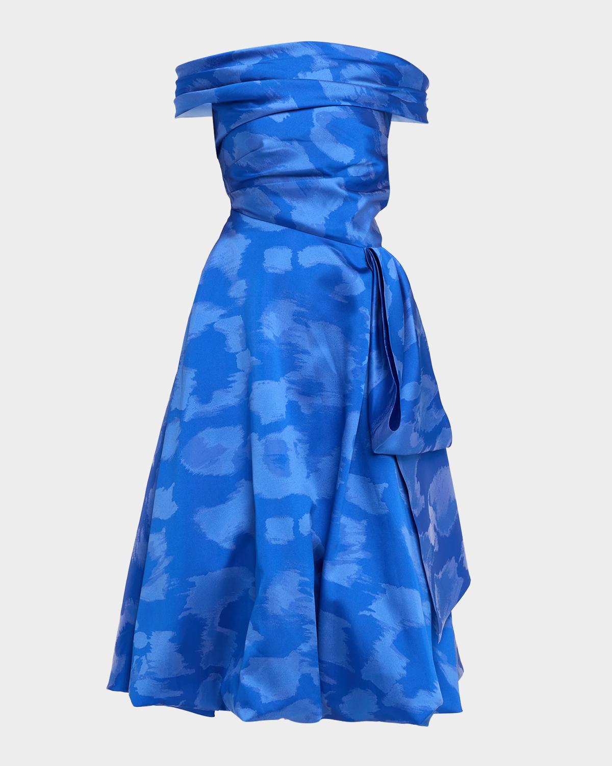 Talbot Runhof Off-The-Shoulder Draped Floral Jacquard Midi Dress