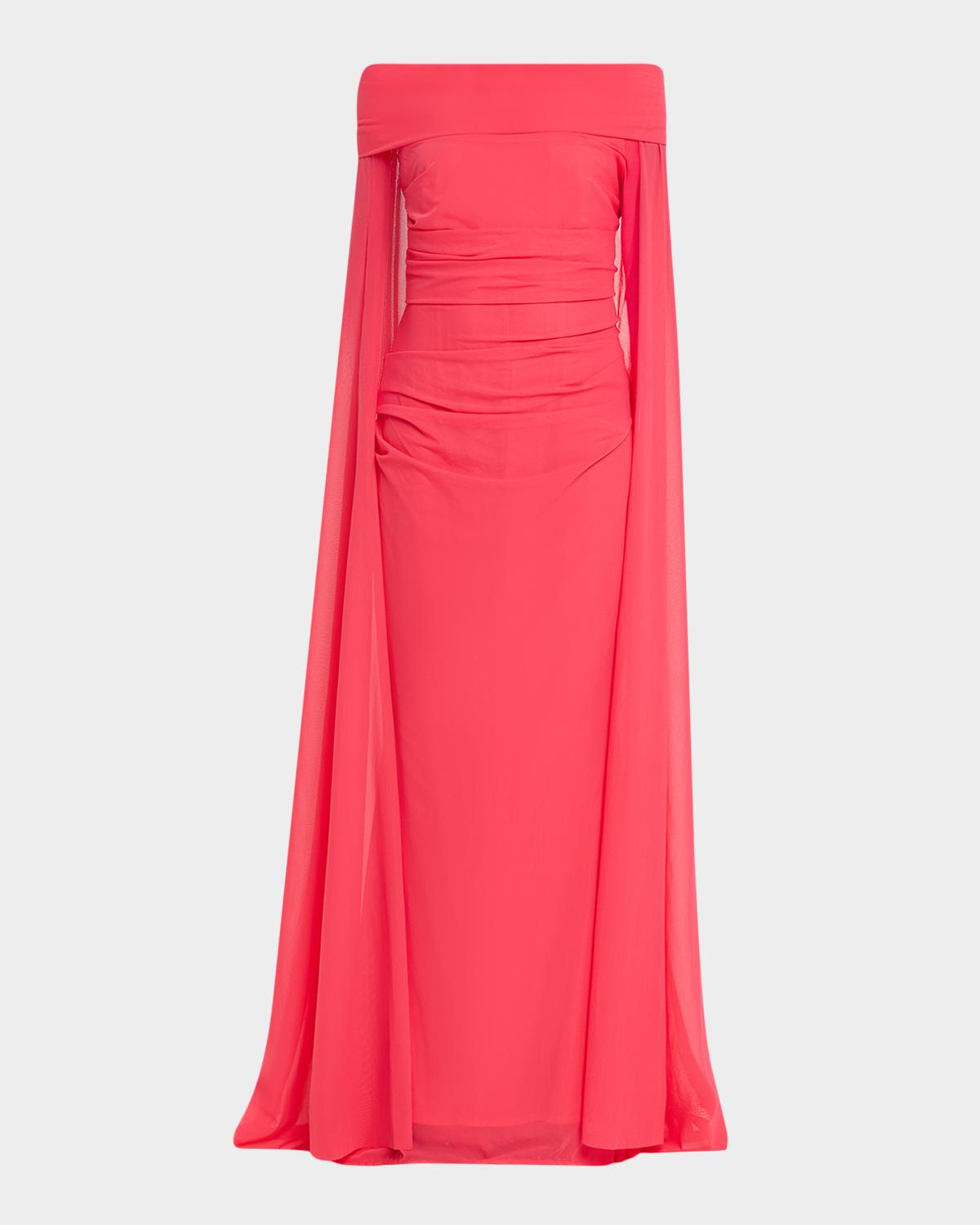 Talbot Runhof Ruched Off-The-Shoulder Mesh Cape Gown