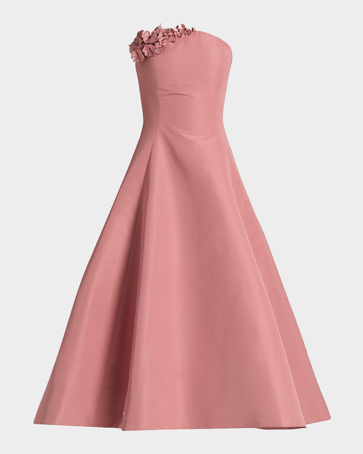 Strapless Flower Applique Faille Midi Cocktail Dress