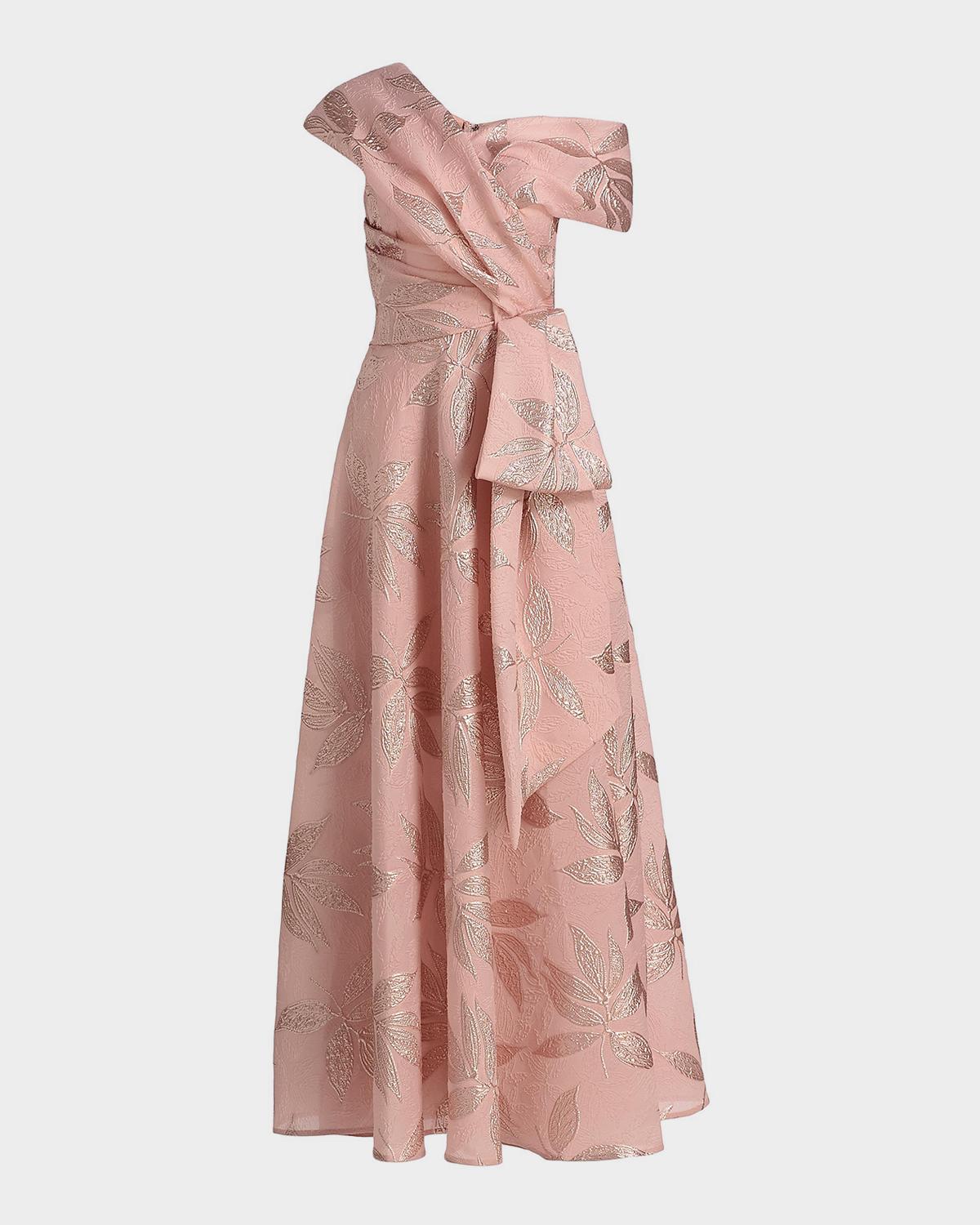 Talbot Runhof Metallic Floral Jacquard Draped One-Shoulder Gown