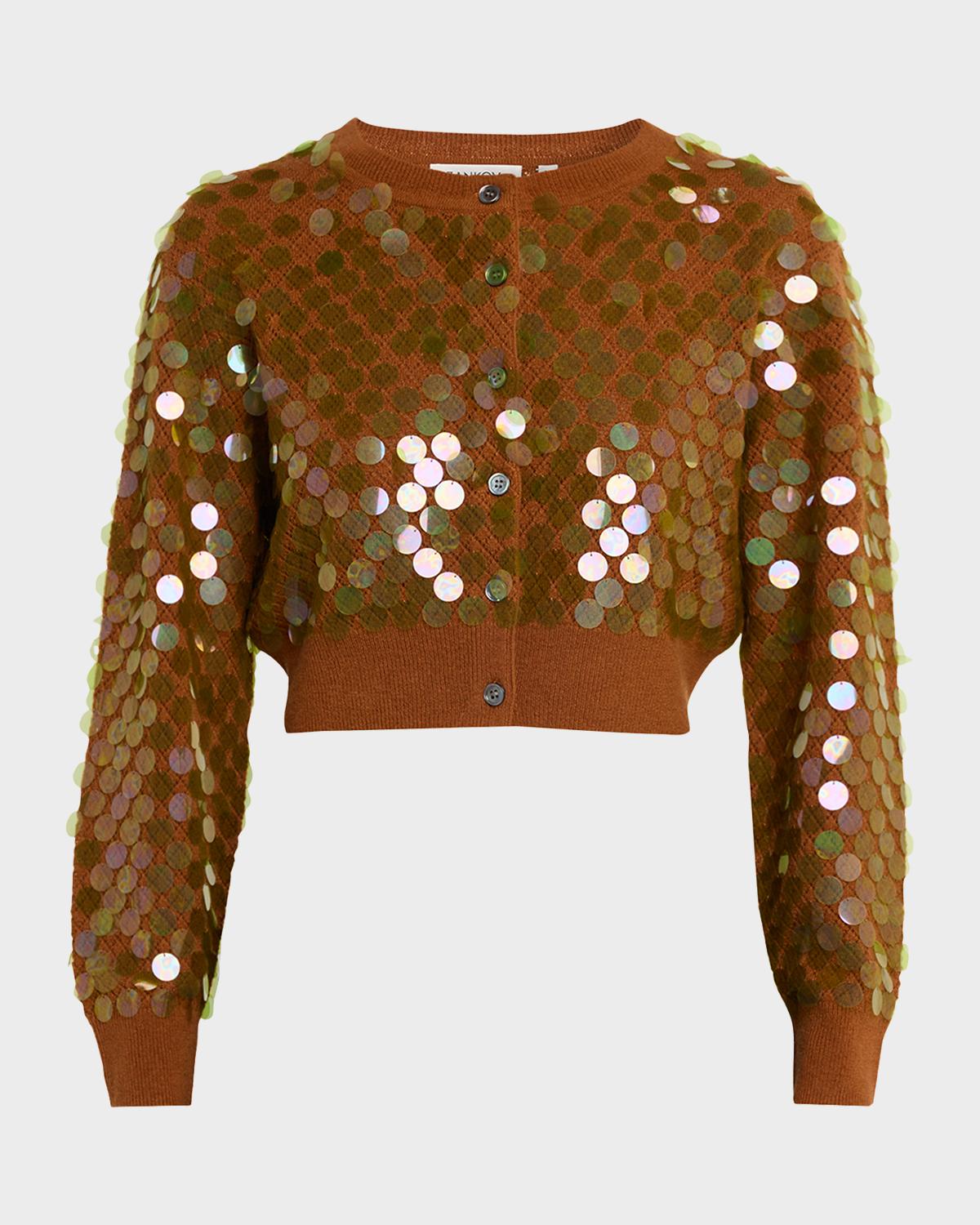 ZANKOV Sequined Cashmere Pointelle Knit Crop Cardigan