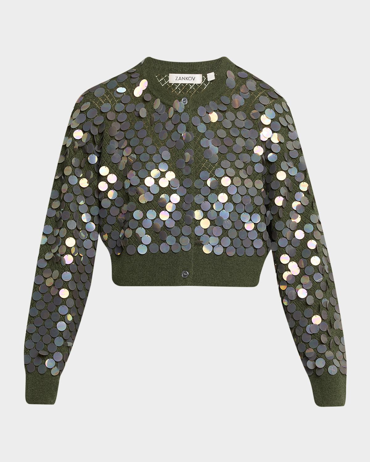 ZANKOV Sequined Cashmere Pointelle Knit Crop Cardigan