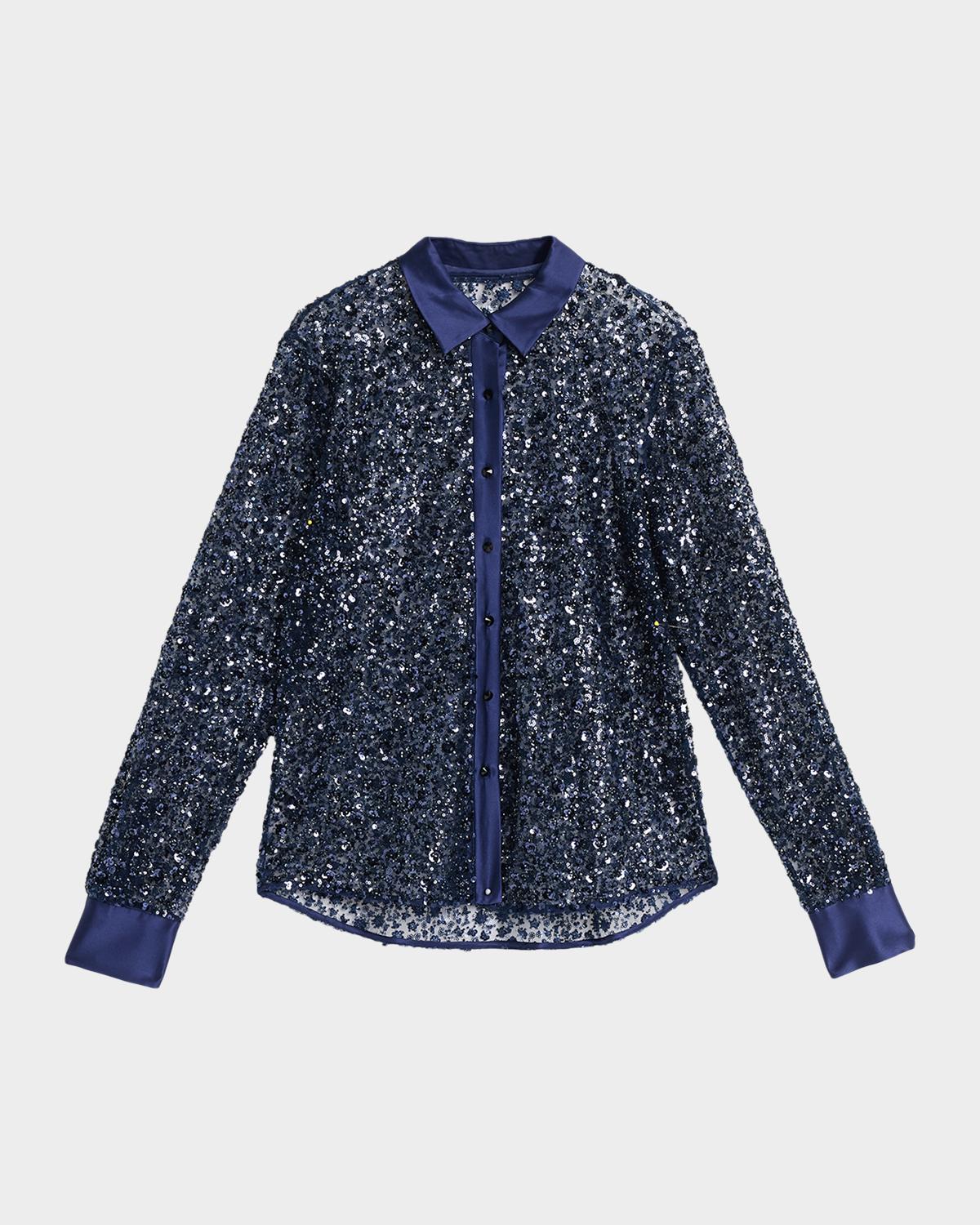 Prabal Gurung Sequined Tulle Slim-Fit Button-Down Shirt