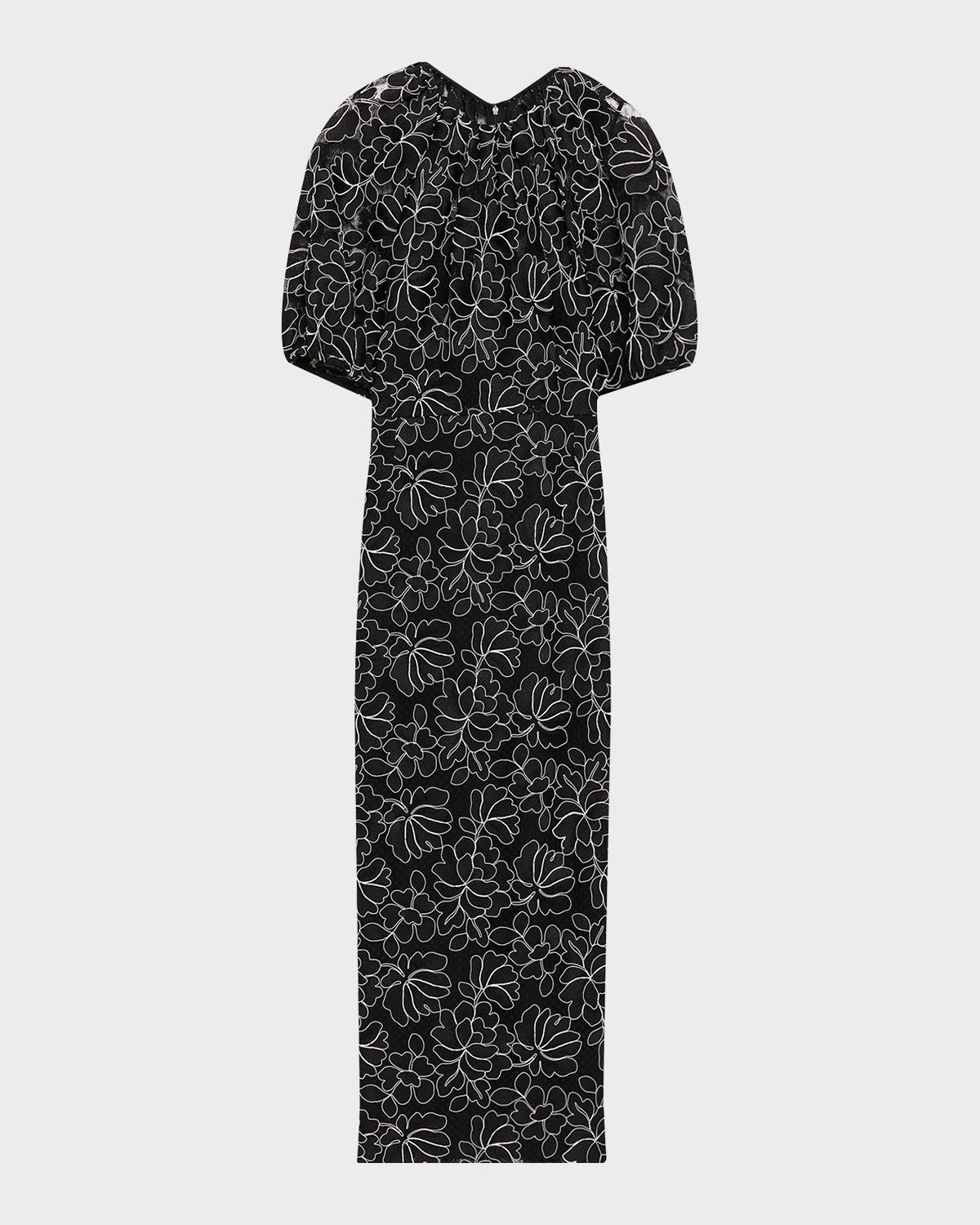 Lela Rose Floral Lace Puff-Sleeve Midi Sheath Dress