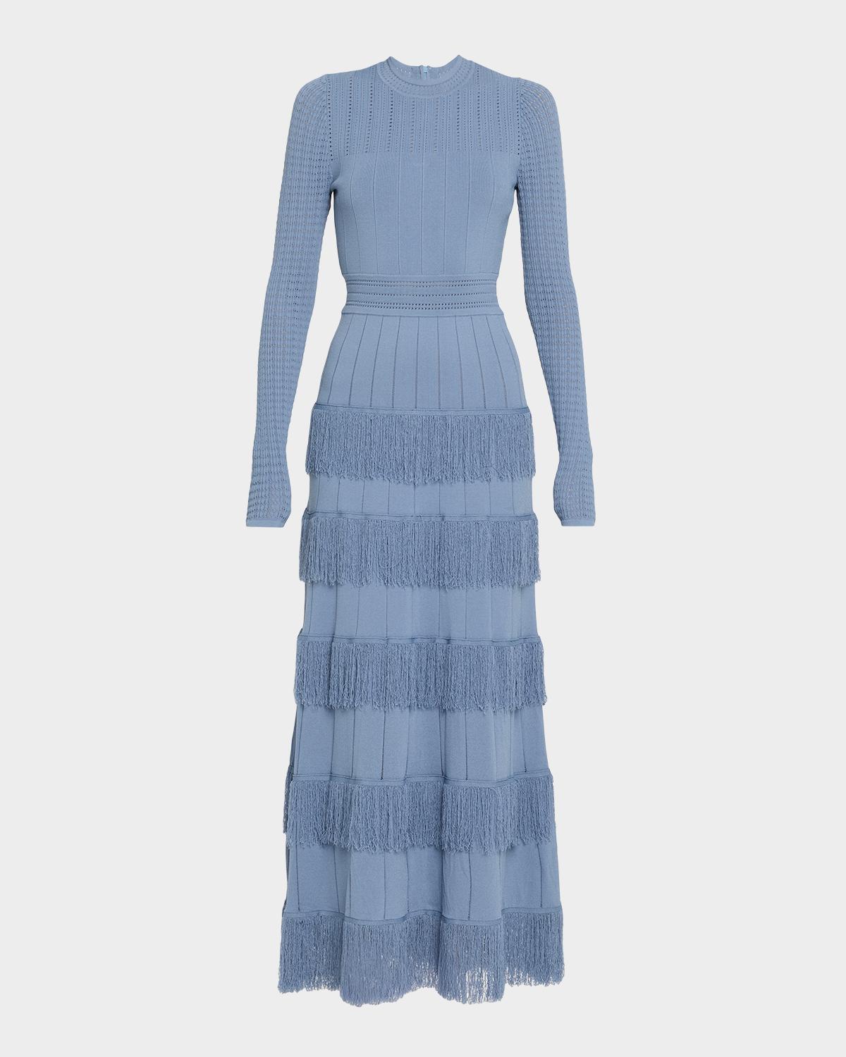 Lela Rose Tiered Fringe Long-Sleeve Maxi Dress