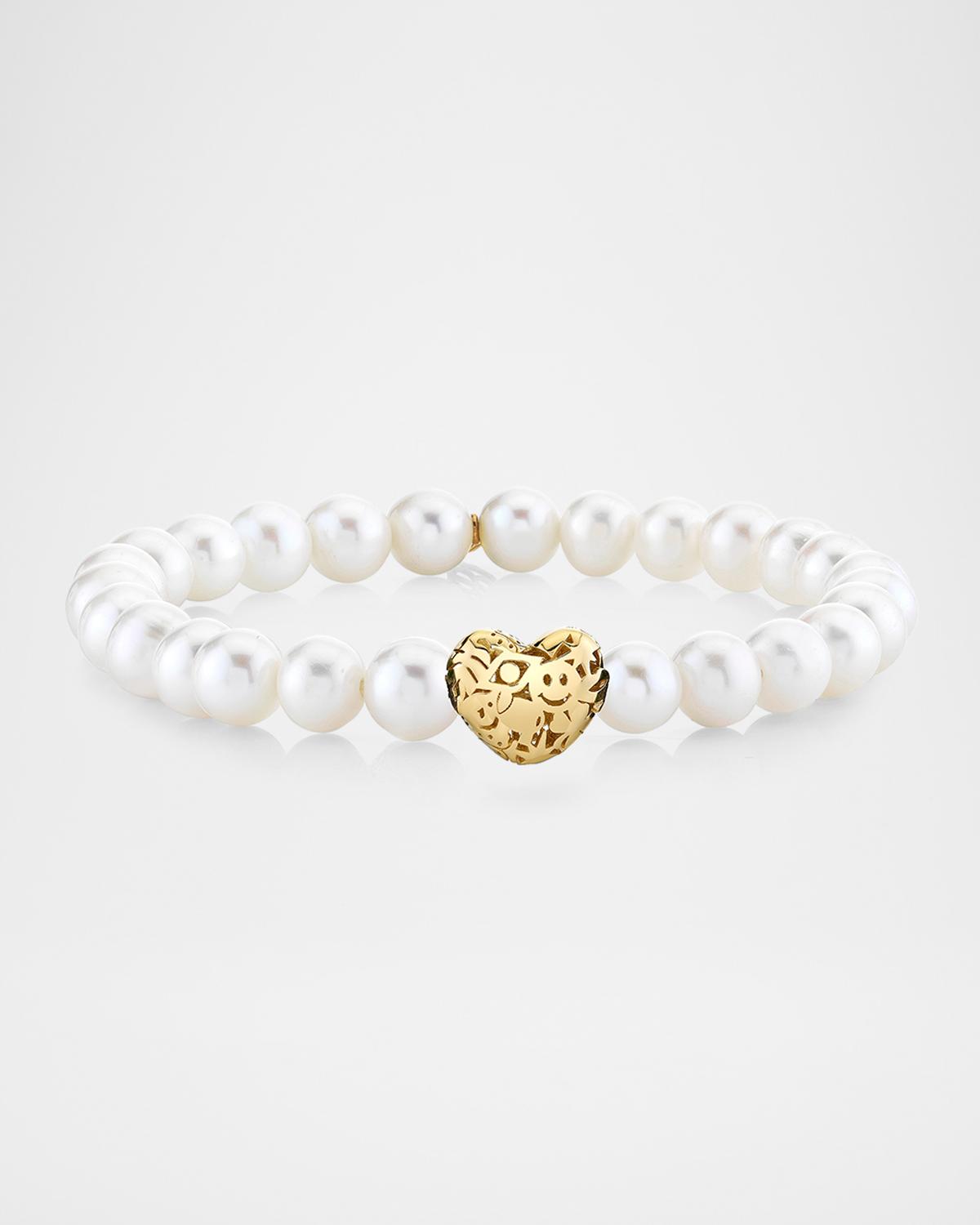 14K Puffy Icon Wallpaper Heart on Pearl Bracelet