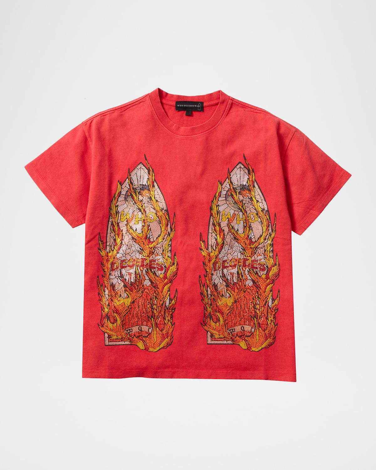 WHO DECIDES WAR Men's Rhinestone Flame Glass Jersey Cotton T-Shirt