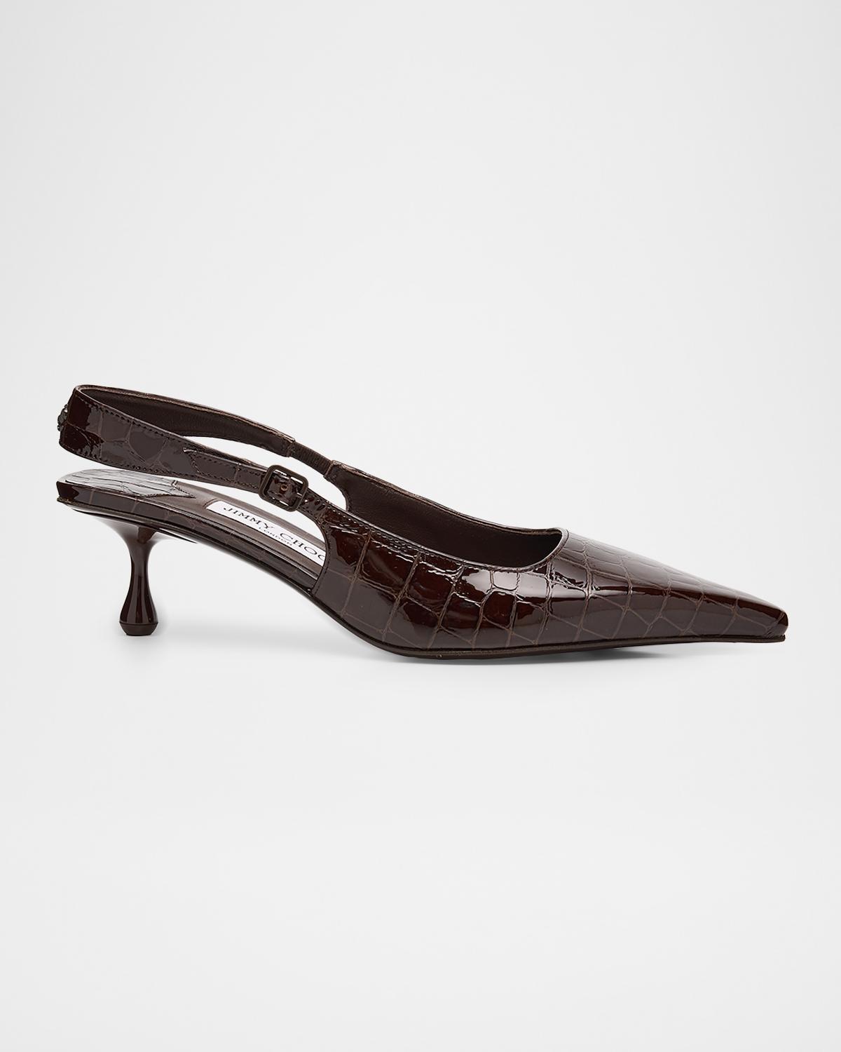Jimmy Choo 50mm Amel Shiny Croc-Embossed Leather Slingback Pumps