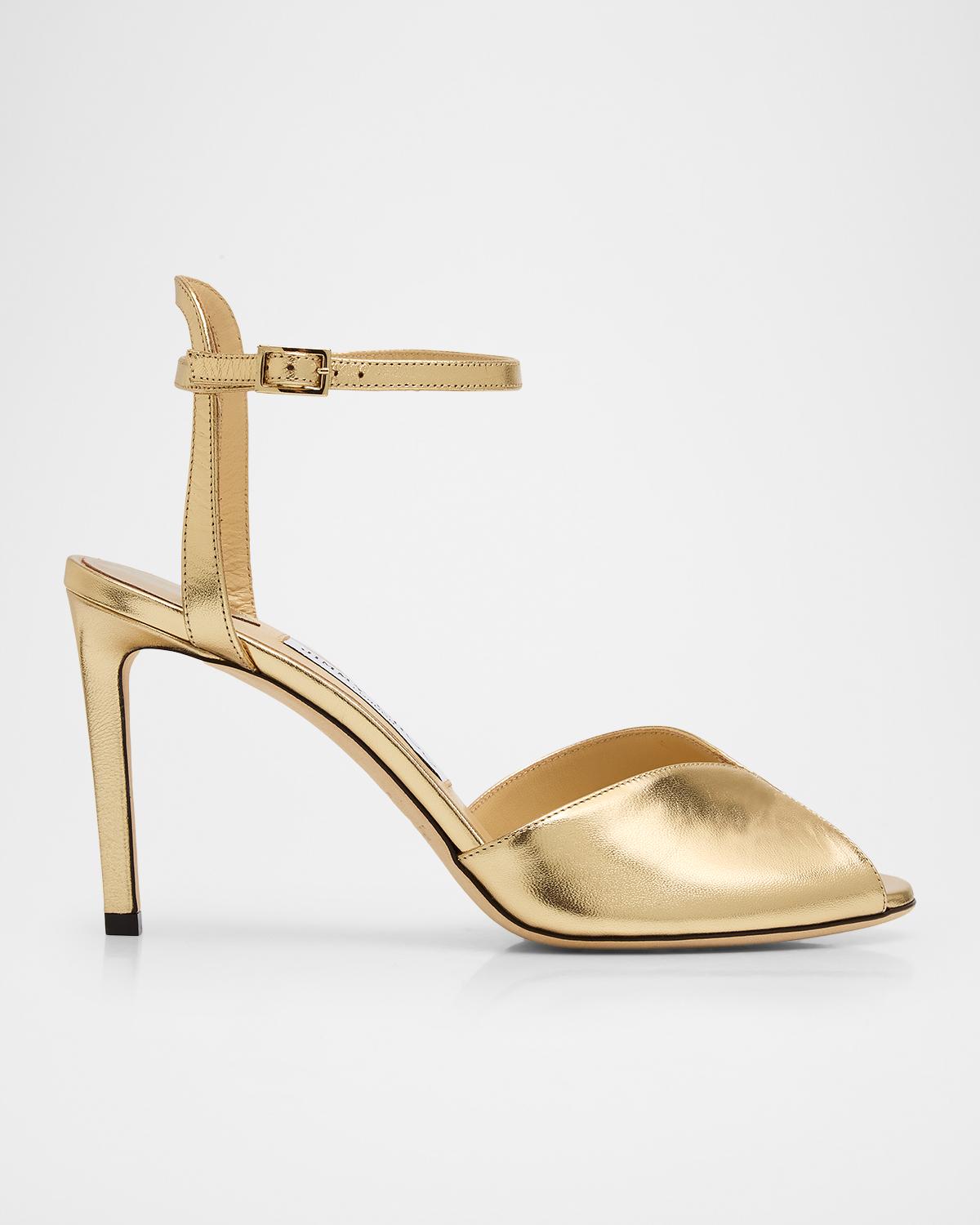 Jimmy Choo Sacora 85 Metallic Leather Peep-Toe Sandals