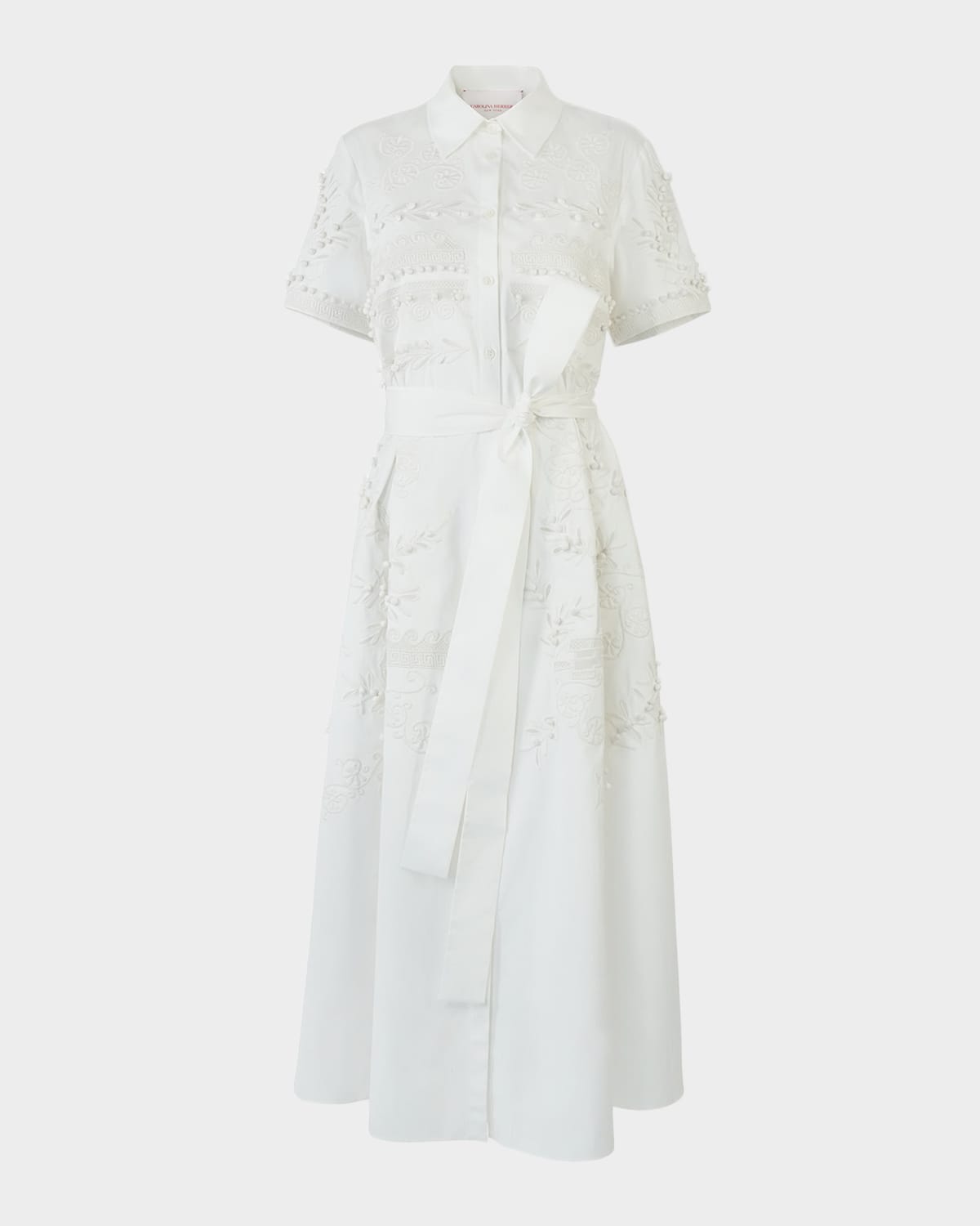Carolina Herrera Grecian Embroidered Short-sleeve Midi Shirtdress With Belt In White