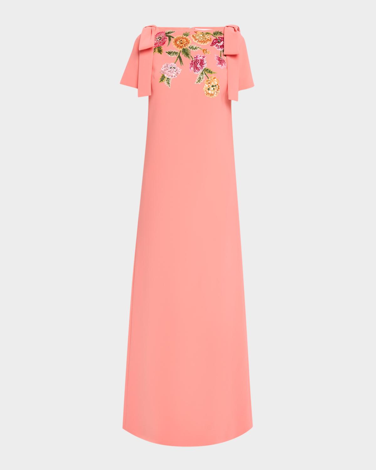 Carolina Herrera Embroidered Bow-Shoulder A-Line Gown