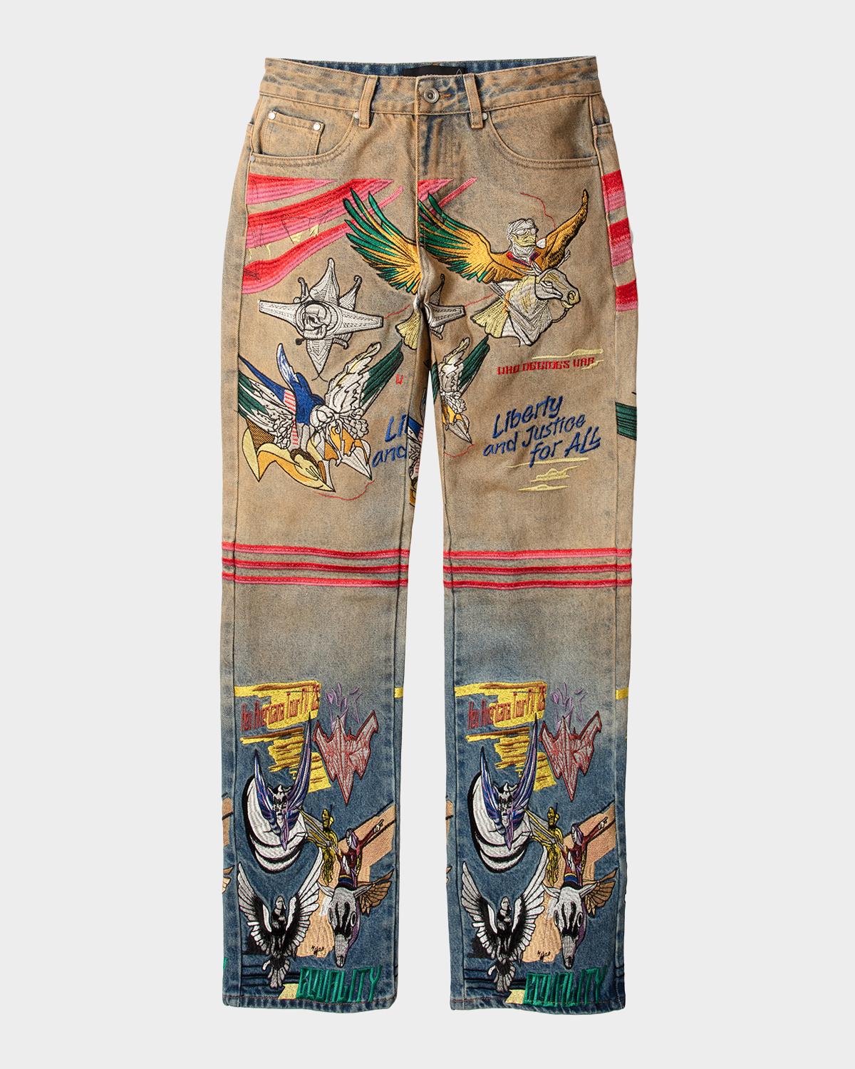 WHO DECIDES WAR Men's Embroidered Liberty Denim Slim Fit Jeans