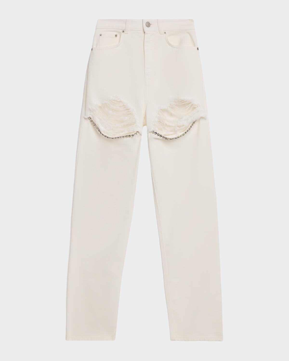 AREA Crystal Fray Slim-Leg Jeans