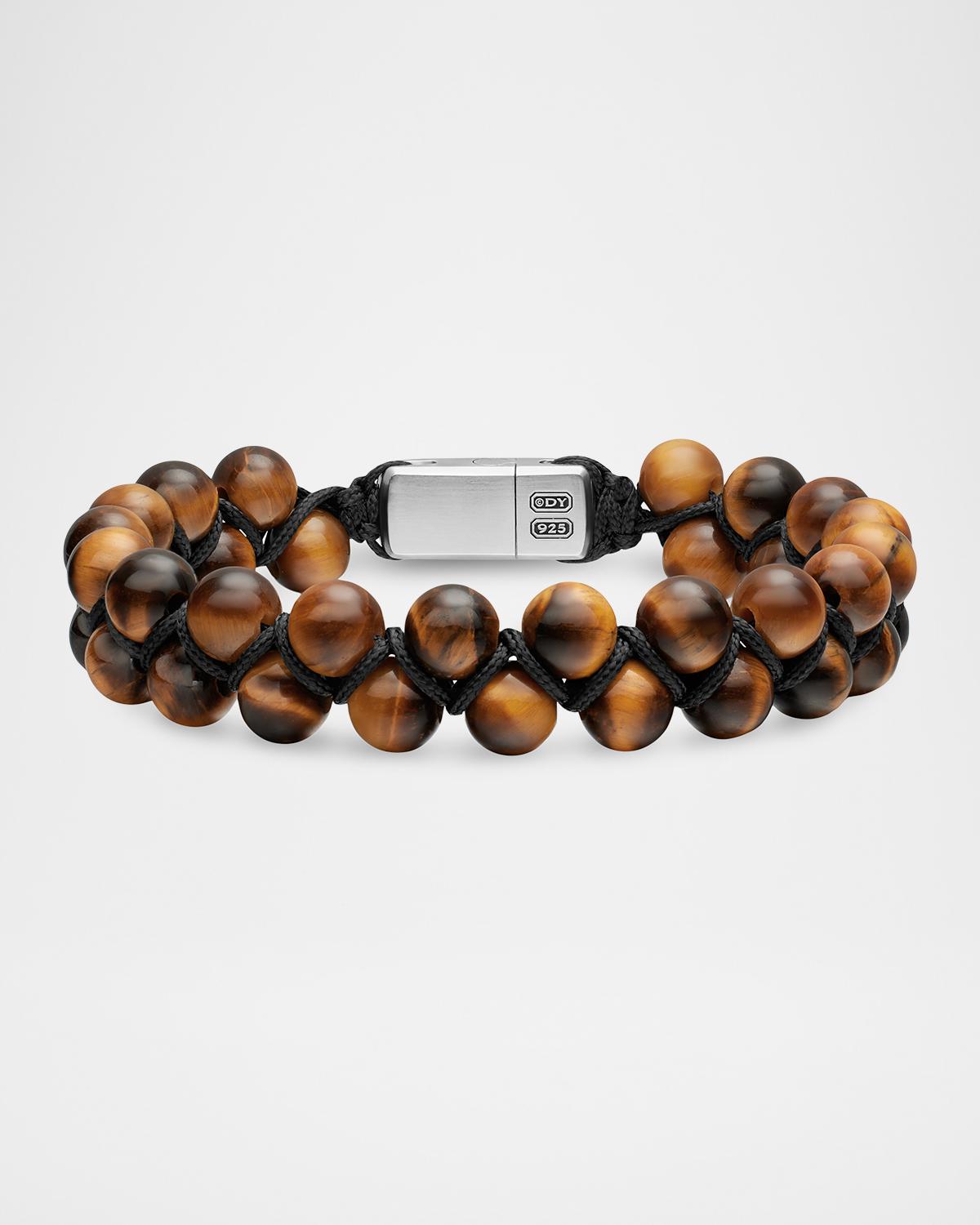Men & apos;s Spiritual Beads Two-Row Woven Bracelet with Sterling Silver and Tiger & apos;s Eye, 8mm