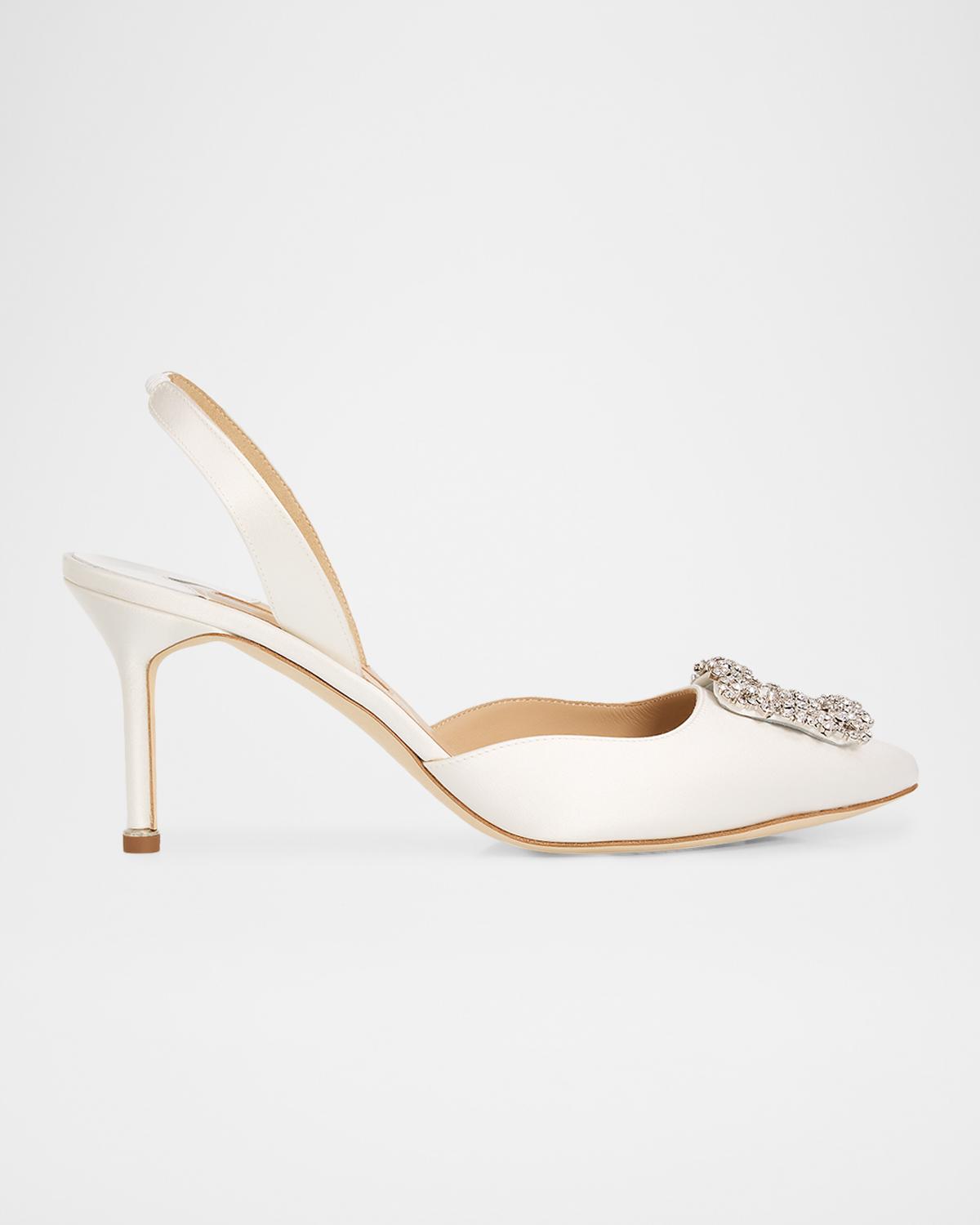 Manolo Blahnik 70mm Hangisli Satin Slingback Pumps with Crystal Buckle
