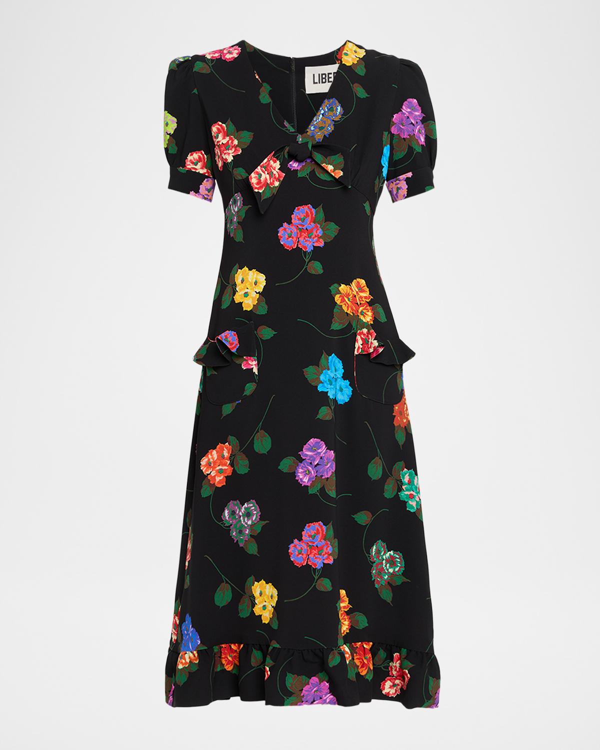 Libertine Antique Primrose Silk Puff-Sleeve Midi Dress