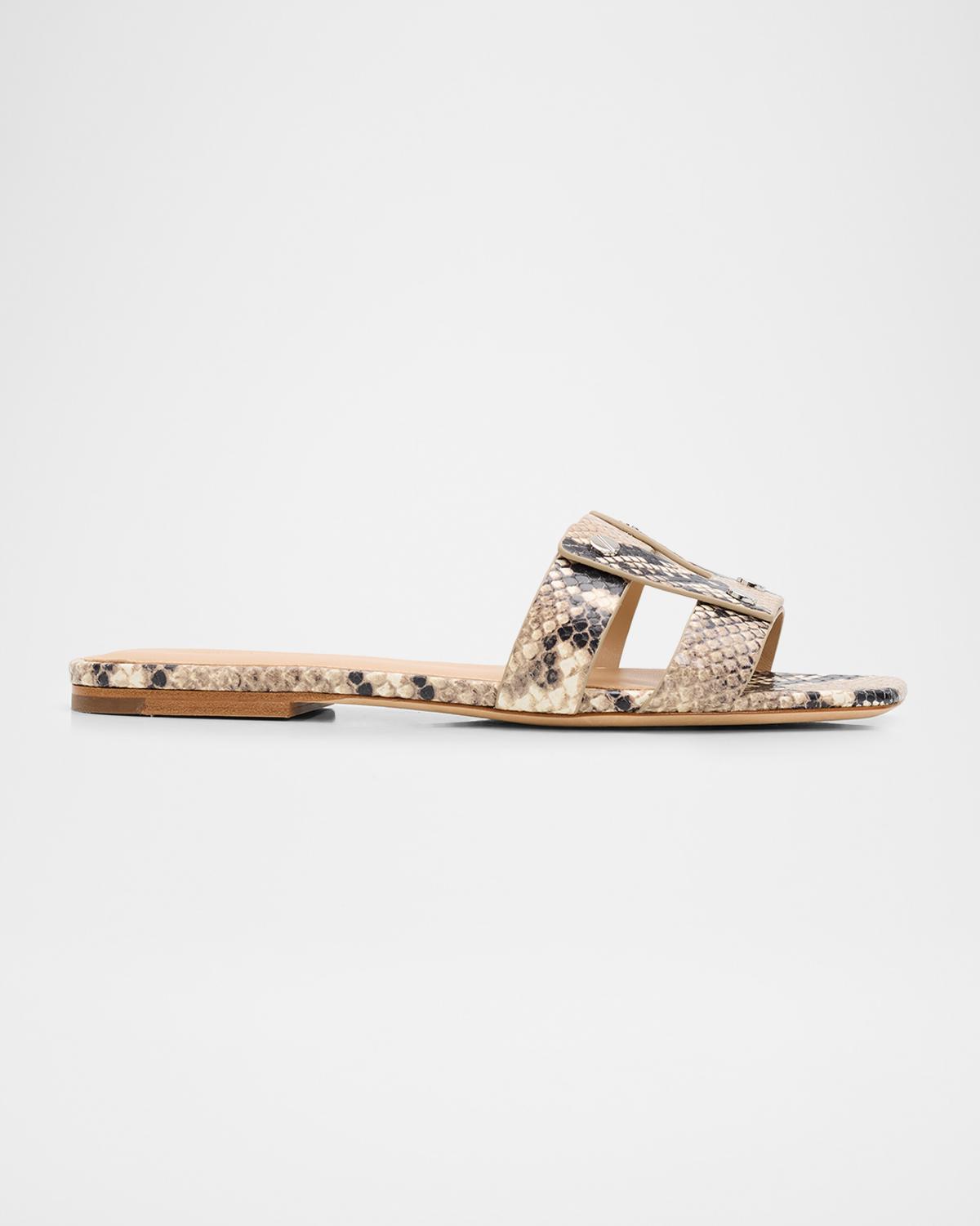 Via Snake-Printed Leather Flat Slide Sandals