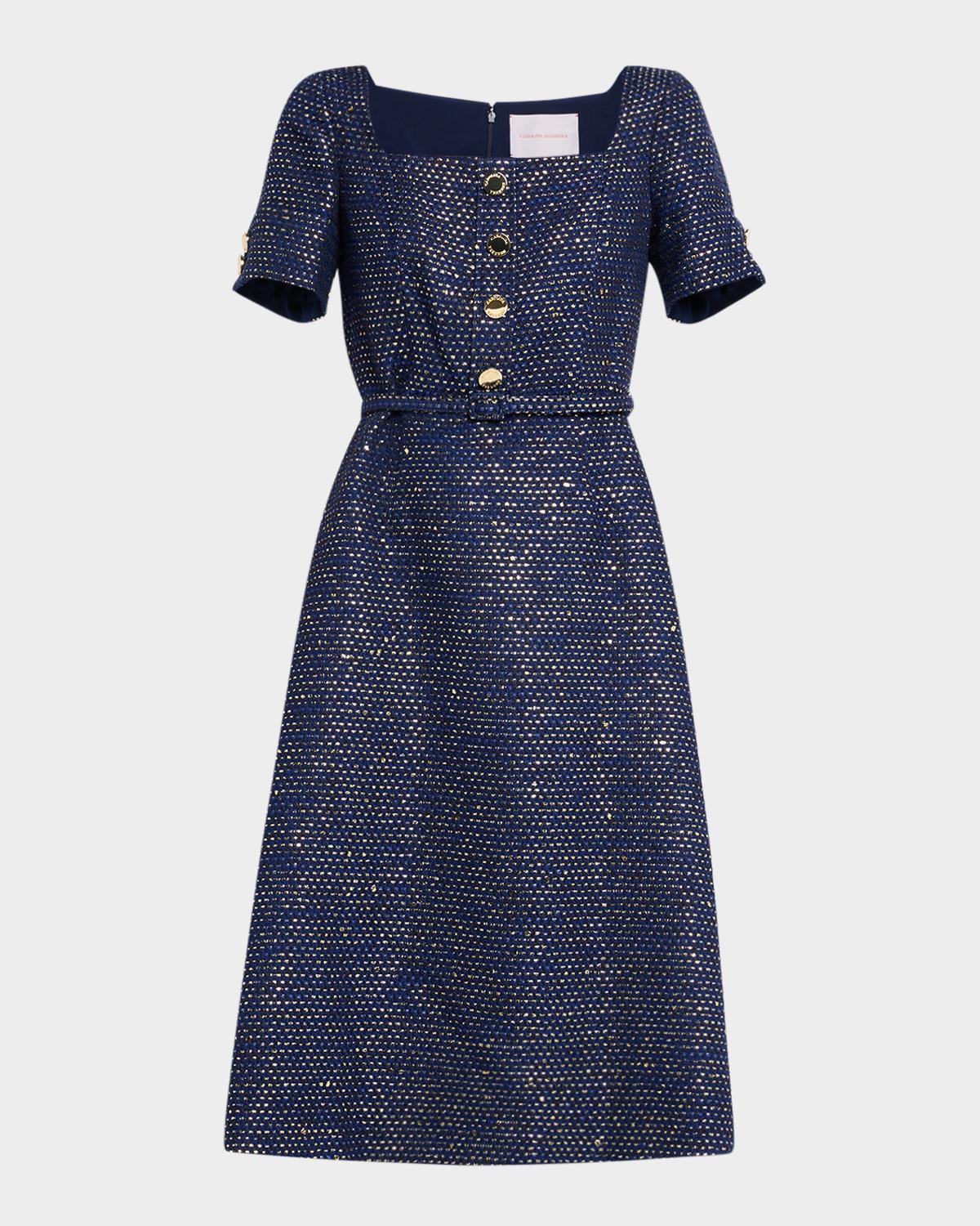 Carolina Herrera Metallic Tweed Button-Front Belted Midi Dress