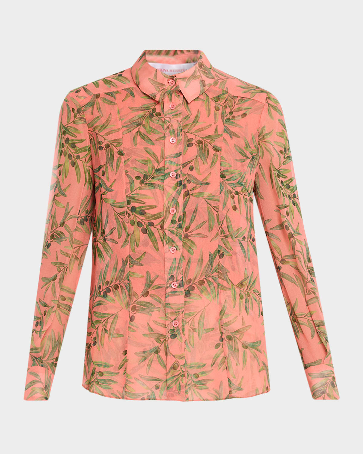Carolina Herrera Olive Branch Silk Chiffon Button-Down Shirt
