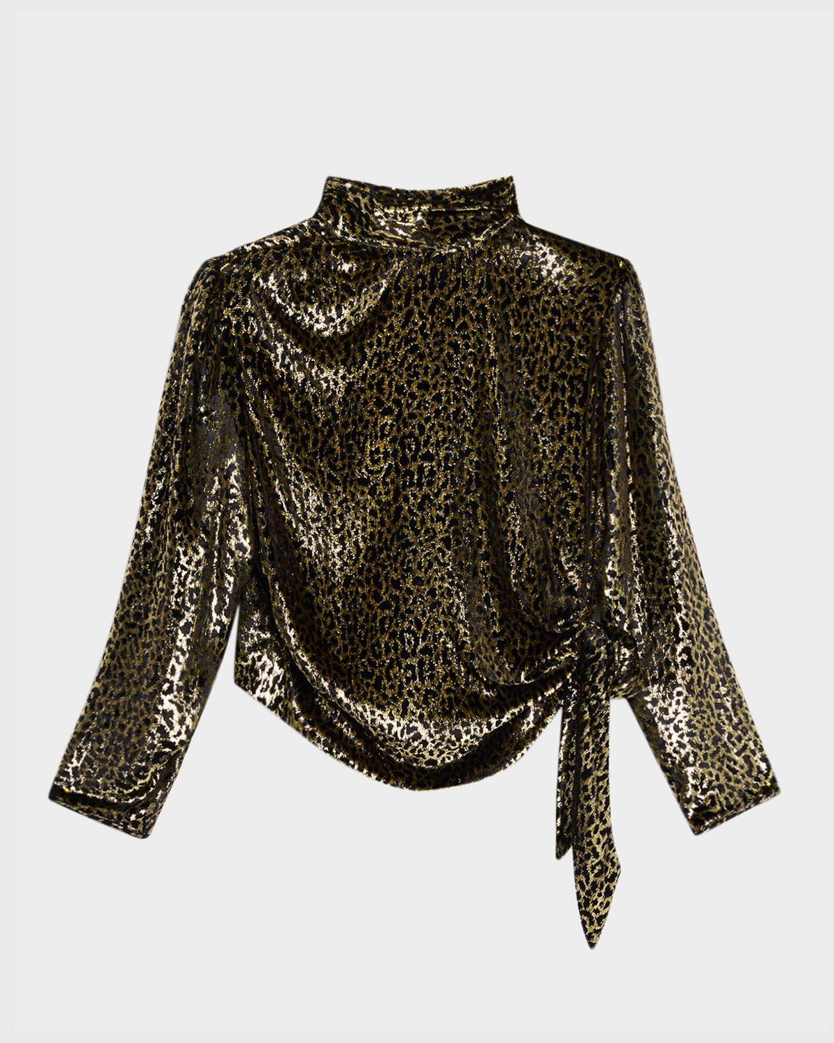 Libertine Vreeland Leopard Velvet Side-Tie Blouse