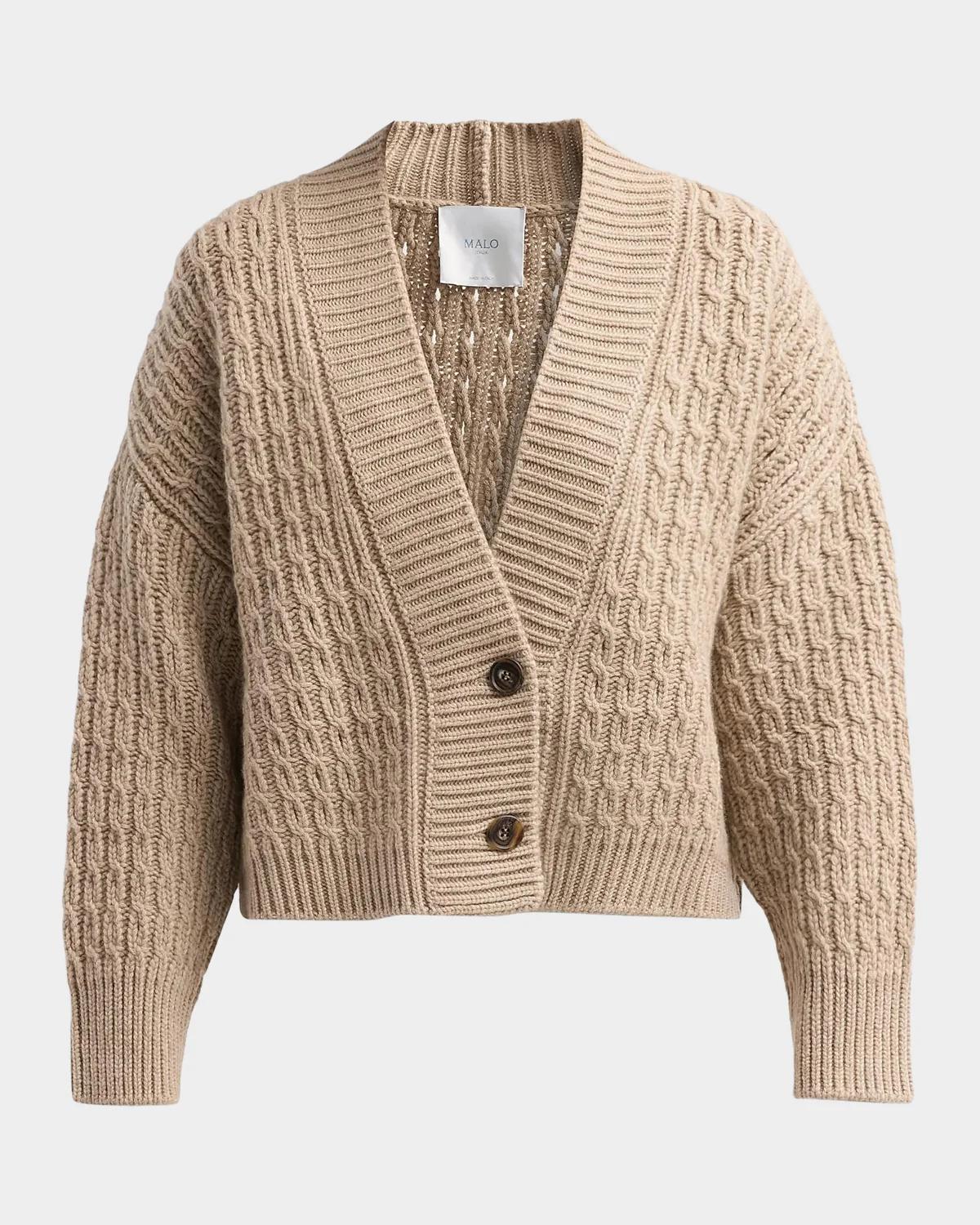 Malo Anna Cashmere Cable-Knit V-Neck Cardigan