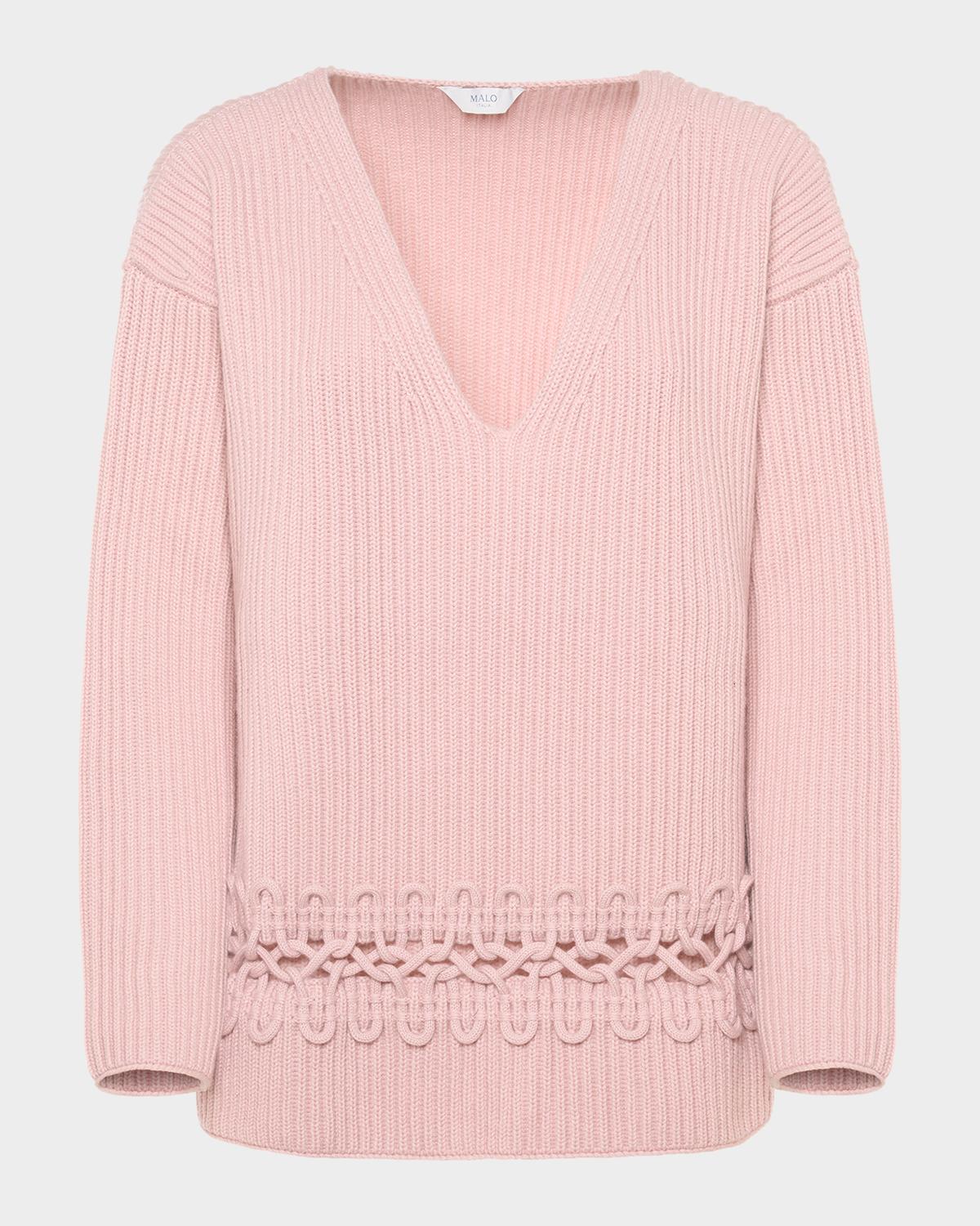 Malo Alma Embroidered Cashmere Rib V-Neck Sweater