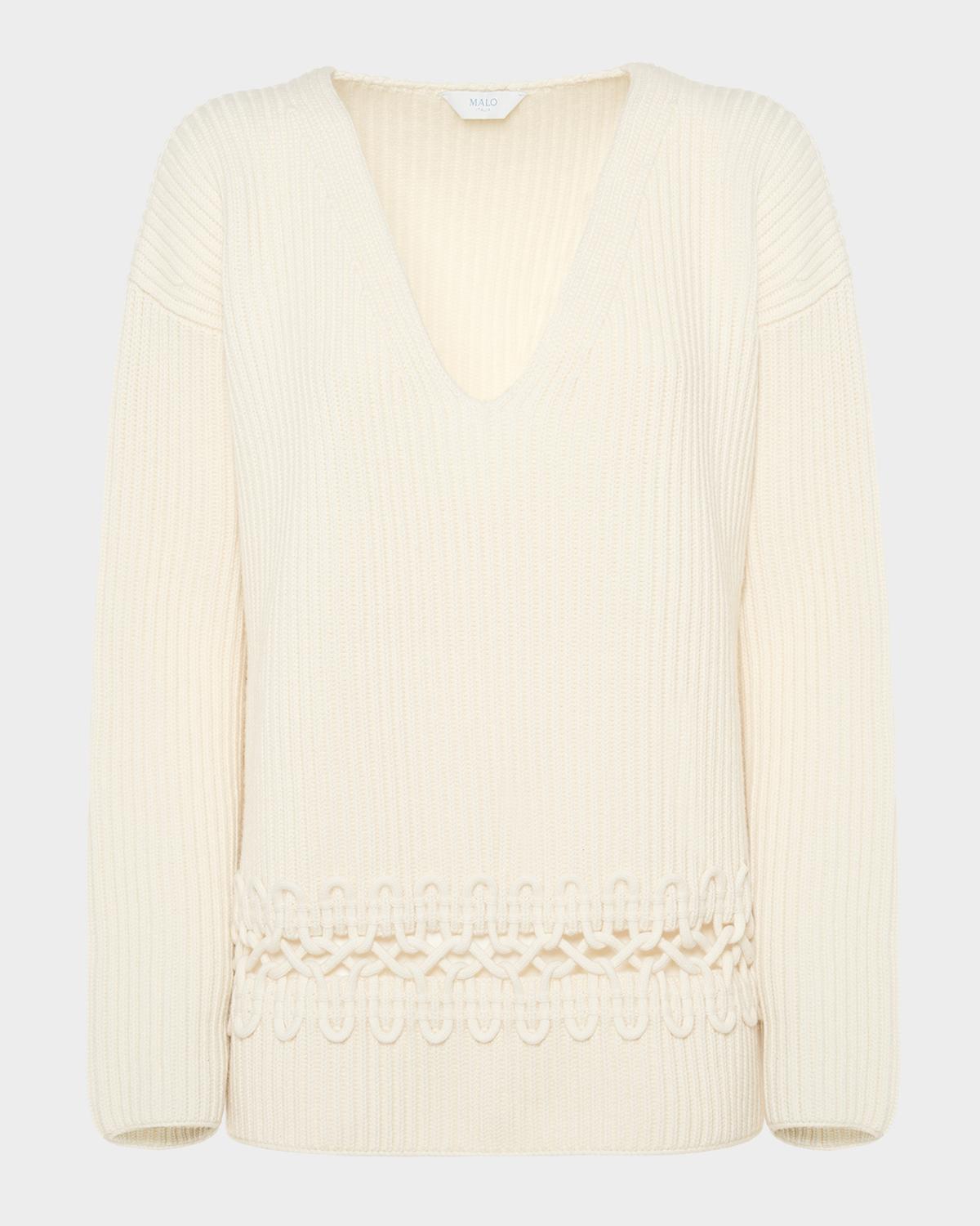 Malo Alma Embroidered Cashmere Rib V-Neck Sweater