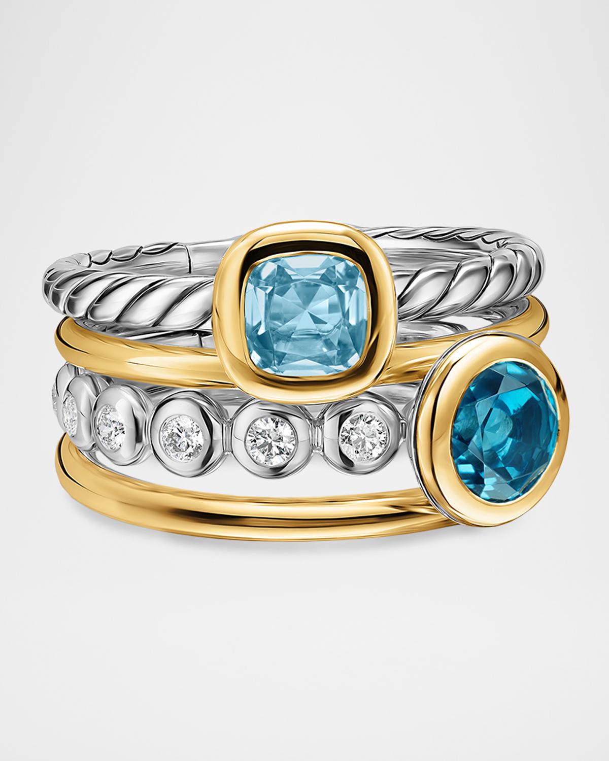 DY Mercer Color Stone Multi Row Ring with Blue Topaz and Diamonds in Silver and 18K Gold, 10mm, Size 9
