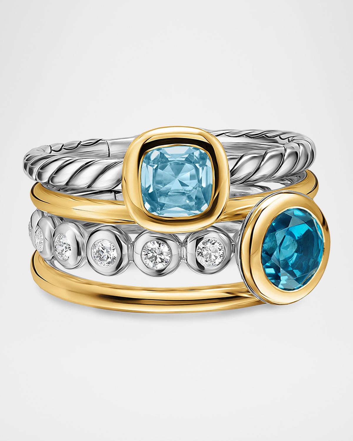 DY Mercer Color Stone Multi Row Ring with Blue Topaz and Diamonds in Silver and 18K Gold, 10mm, Size 6