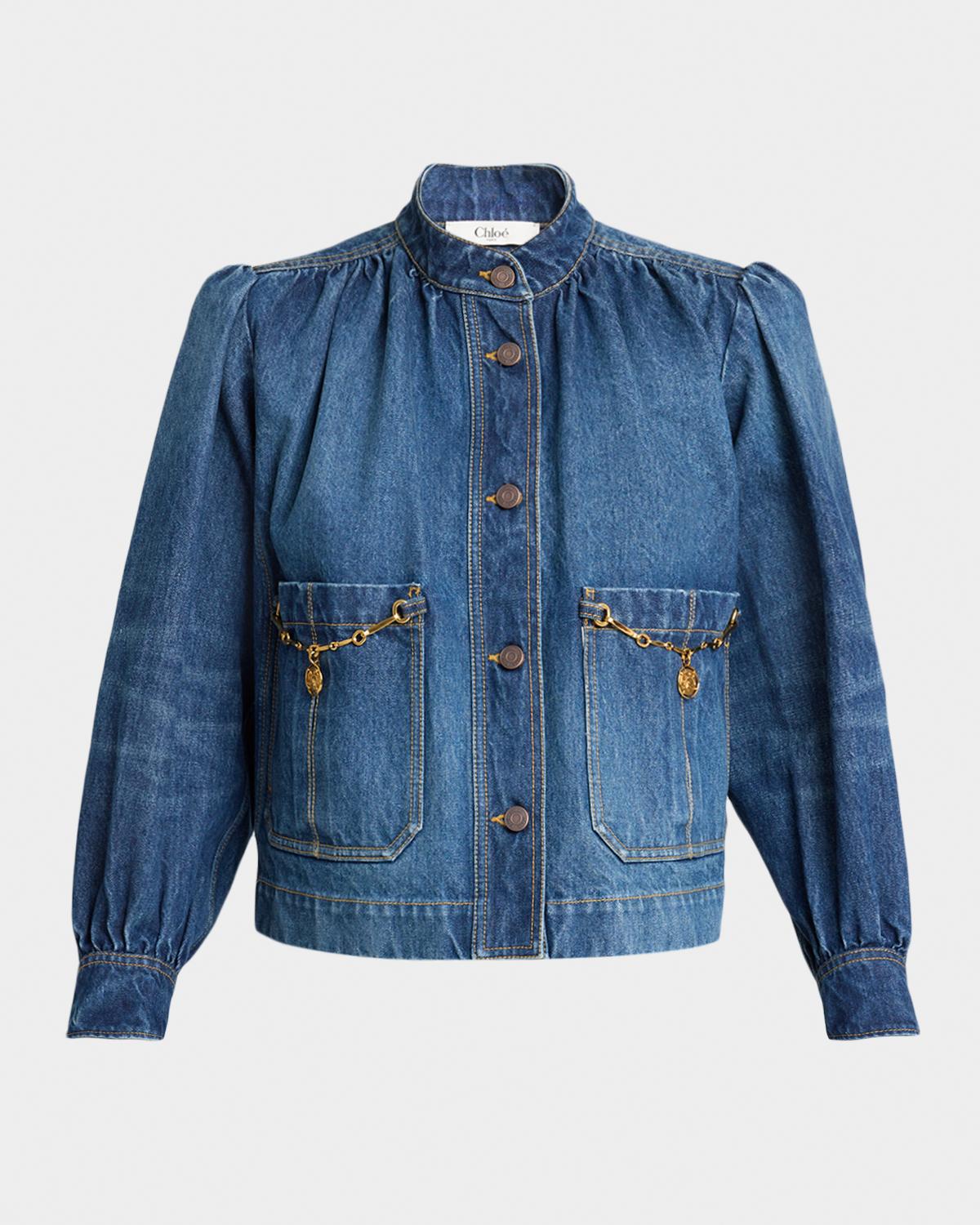 Chloe Horse-Pendant Gathered Denim Jacket