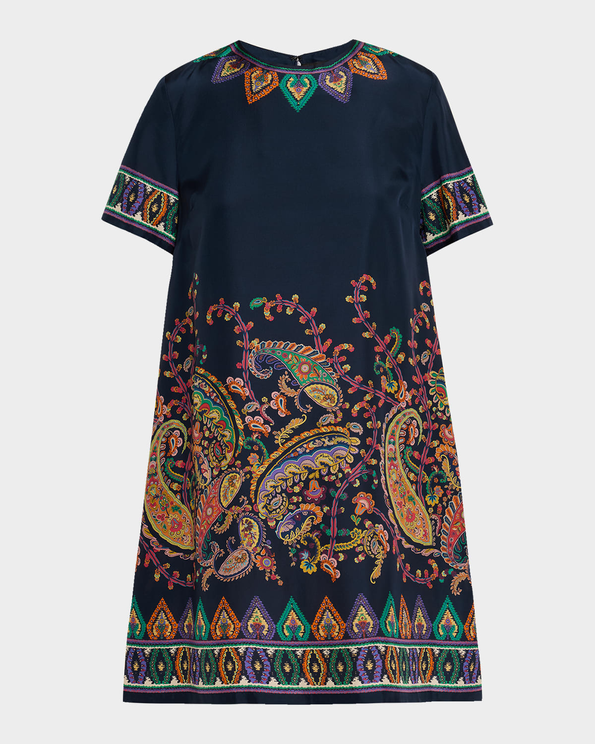 Paisley Silk Habotai Short-Sleeve Mini Tunic Dress