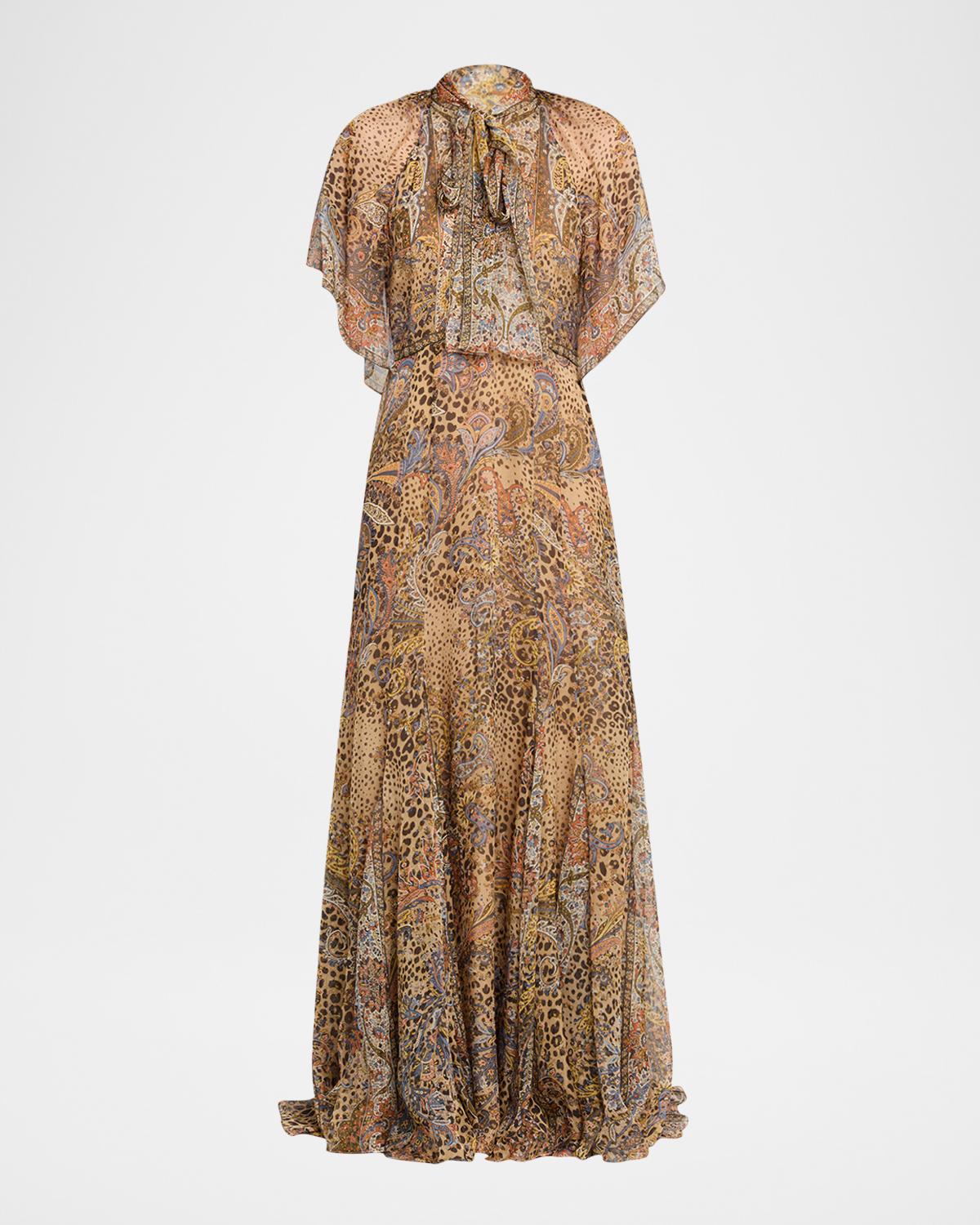 Etro Paisley Animal-Print Silk Chiffon Neck-Scarf Maxi Dress
