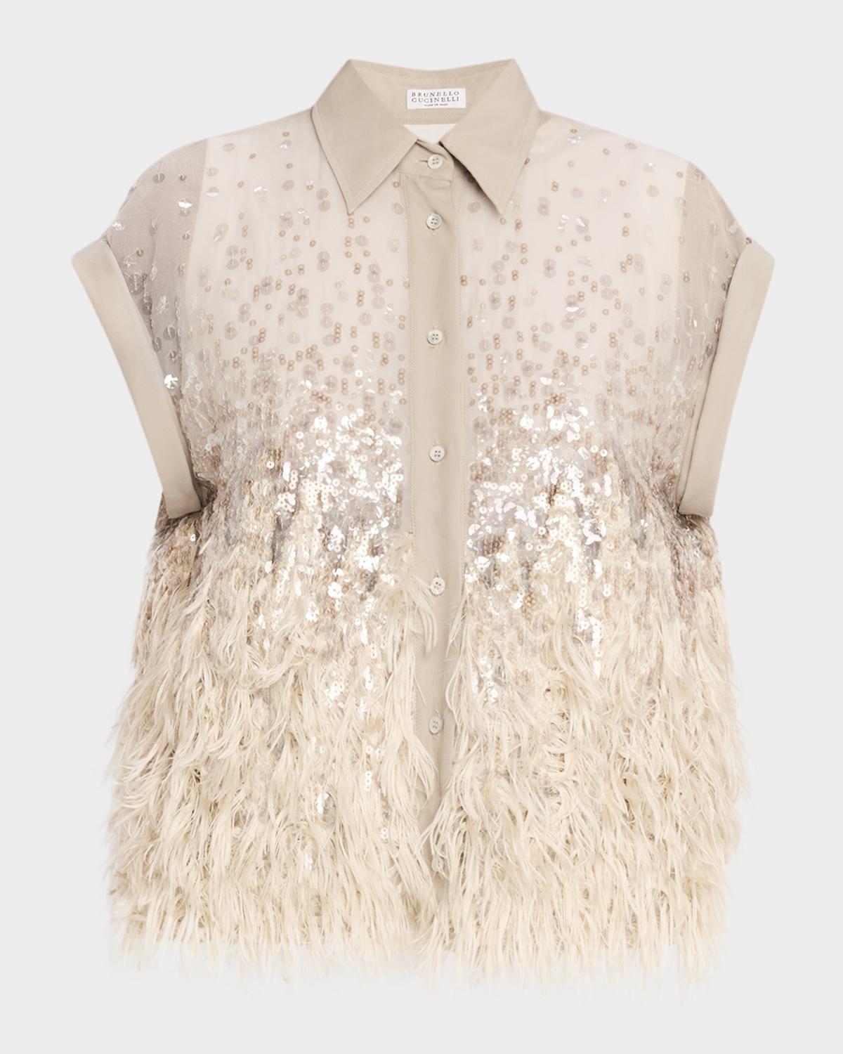 Sequin & Feather Silk Chiffon Blouse