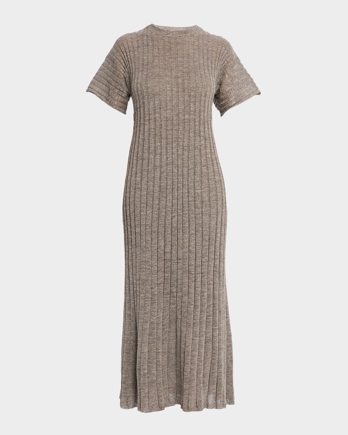 Brunello Cucinelli Metallic Linen Rib Short-sleeve Midi Dress In Green