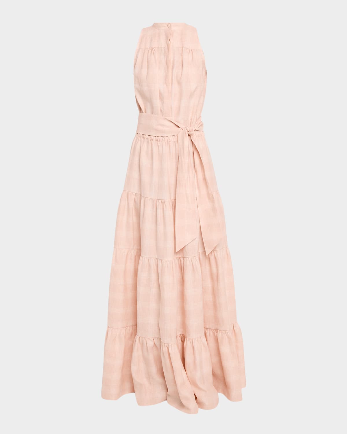 Kiton Tiered Check Linen Belted Sleeveless Maxi Dress In Pink