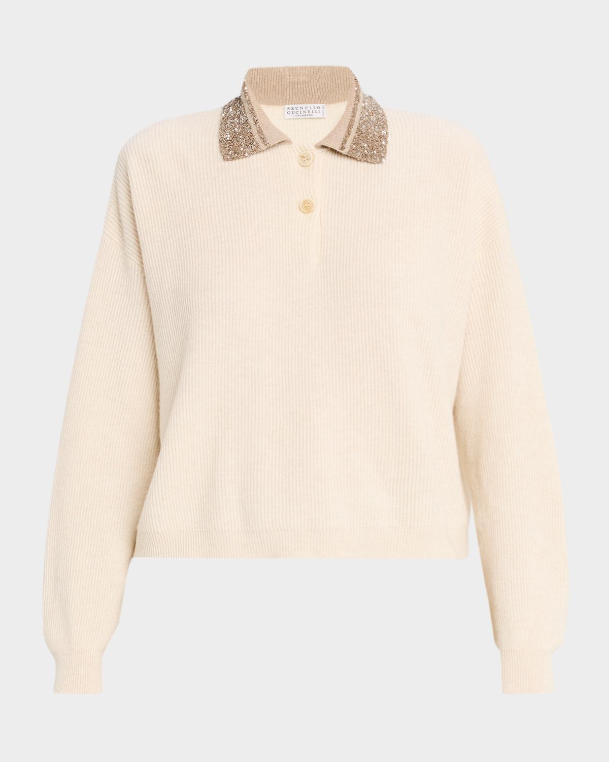 Brunello Cucinelli Dazzling-Collar Cashmere Rib Polo Sweater
