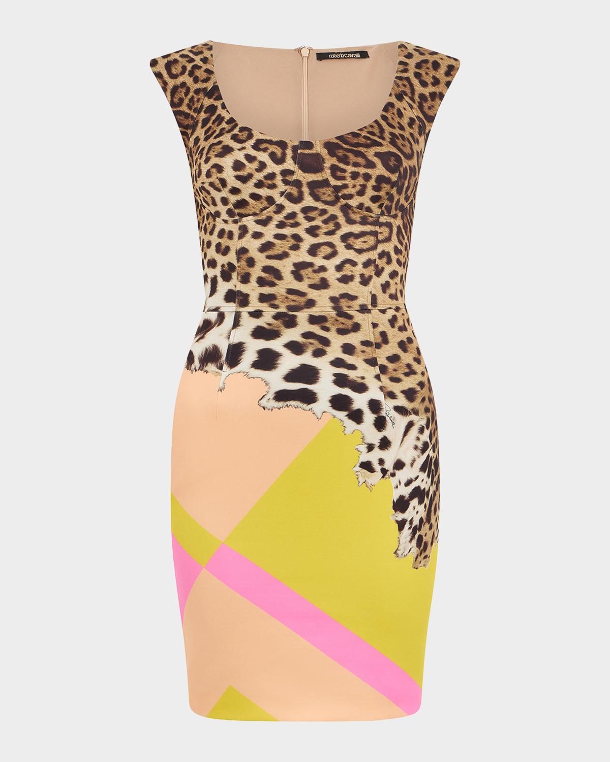 Roberto Cavalli Colorblock Jaguar-Print Bustier Mini Dress