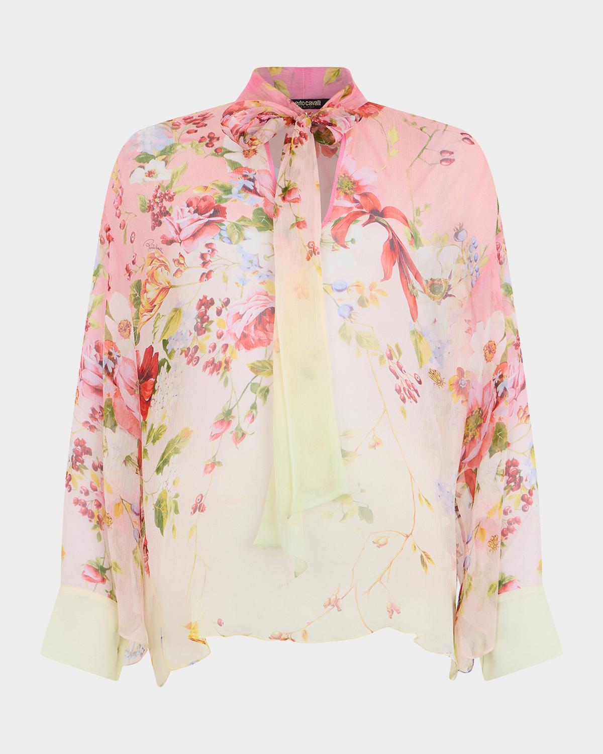 Roberto Cavalli Miami Flowers Print Chiffon Neck-Tie Blouse