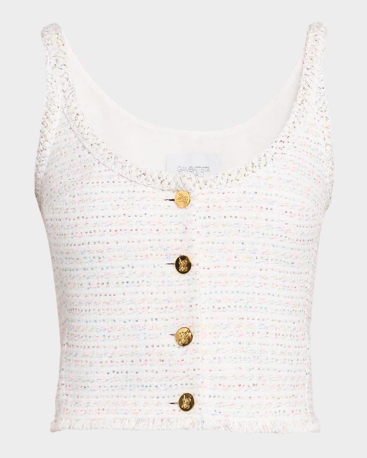 Giambattista Valli Paillette Tweed Button-Front Crop Top