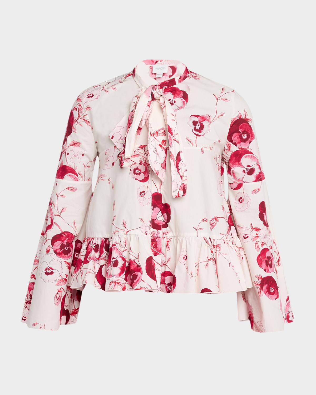 Giambattista Valli Floral Cotton Poplin Bell-Sleeve Neck-Tie Blouse