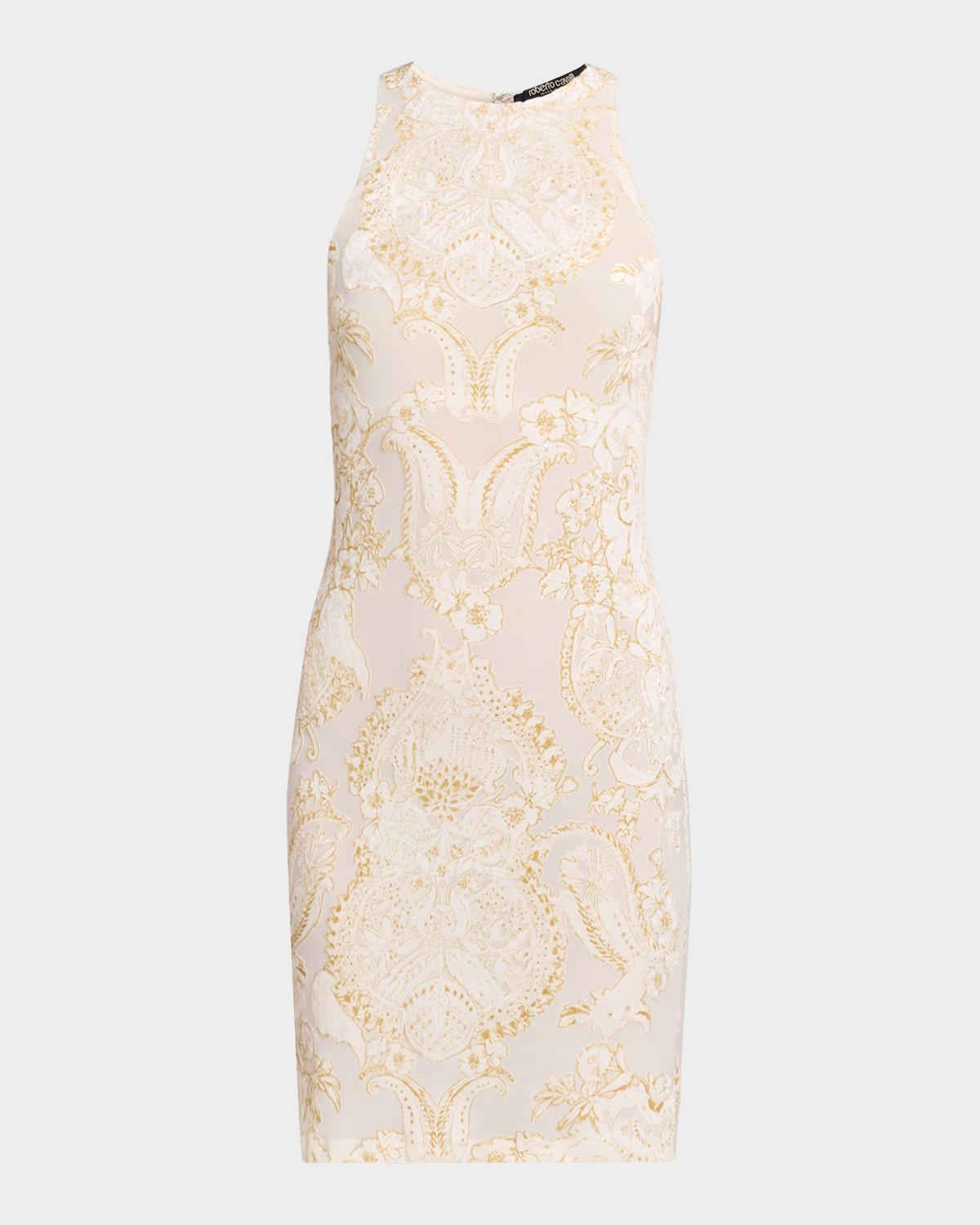 Roberto Cavalli Sleeveless Metallic Jersey Devore Mini Dress