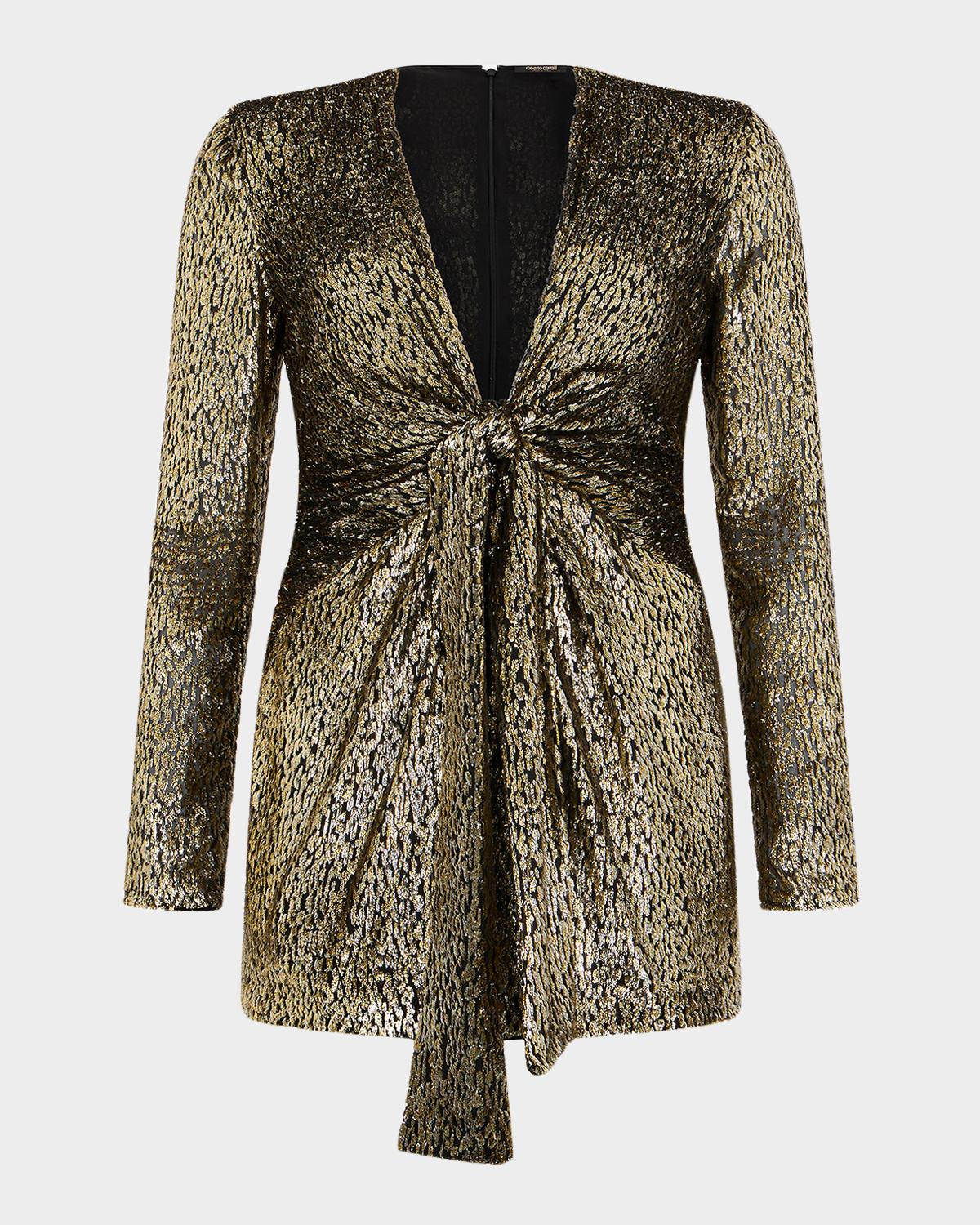 Roberto Cavalli Knotted Metallic Velvet Jacquard Long-Sleeve Mini Dress