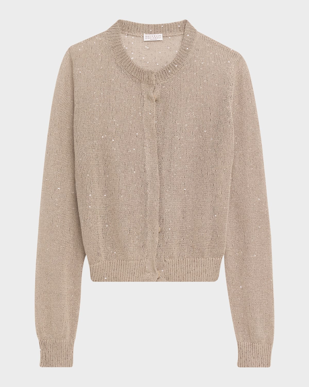 Brunello Cucinelli Linen-silk Pailette Knit Crewneck Snap Cardigan In Neutral