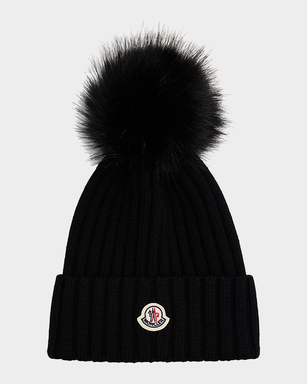 Moncler Ribbed Beanie with Faux Fur Pom