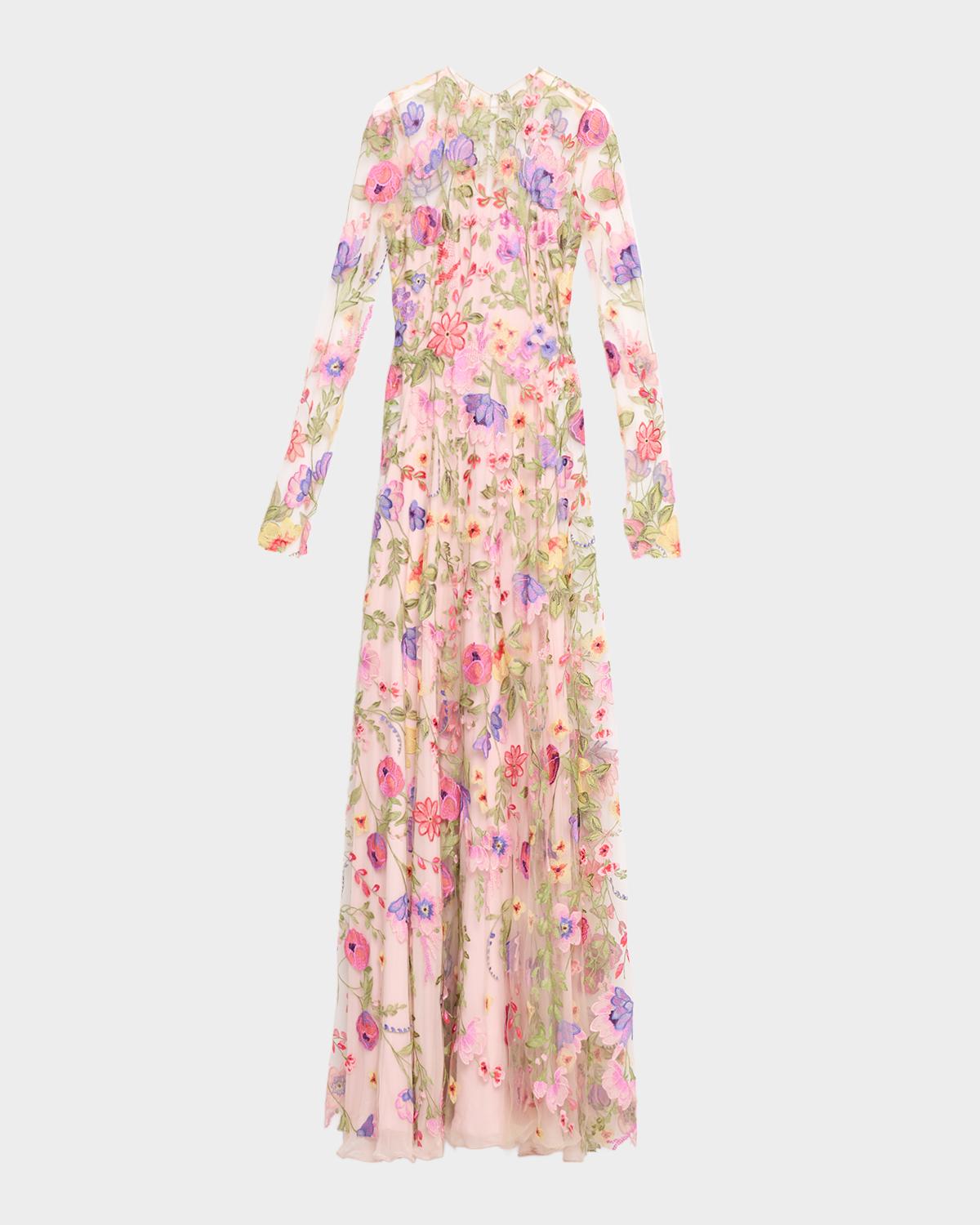 Naeem Khan Floral Embroidered Long-Sleeve Illusion Gown