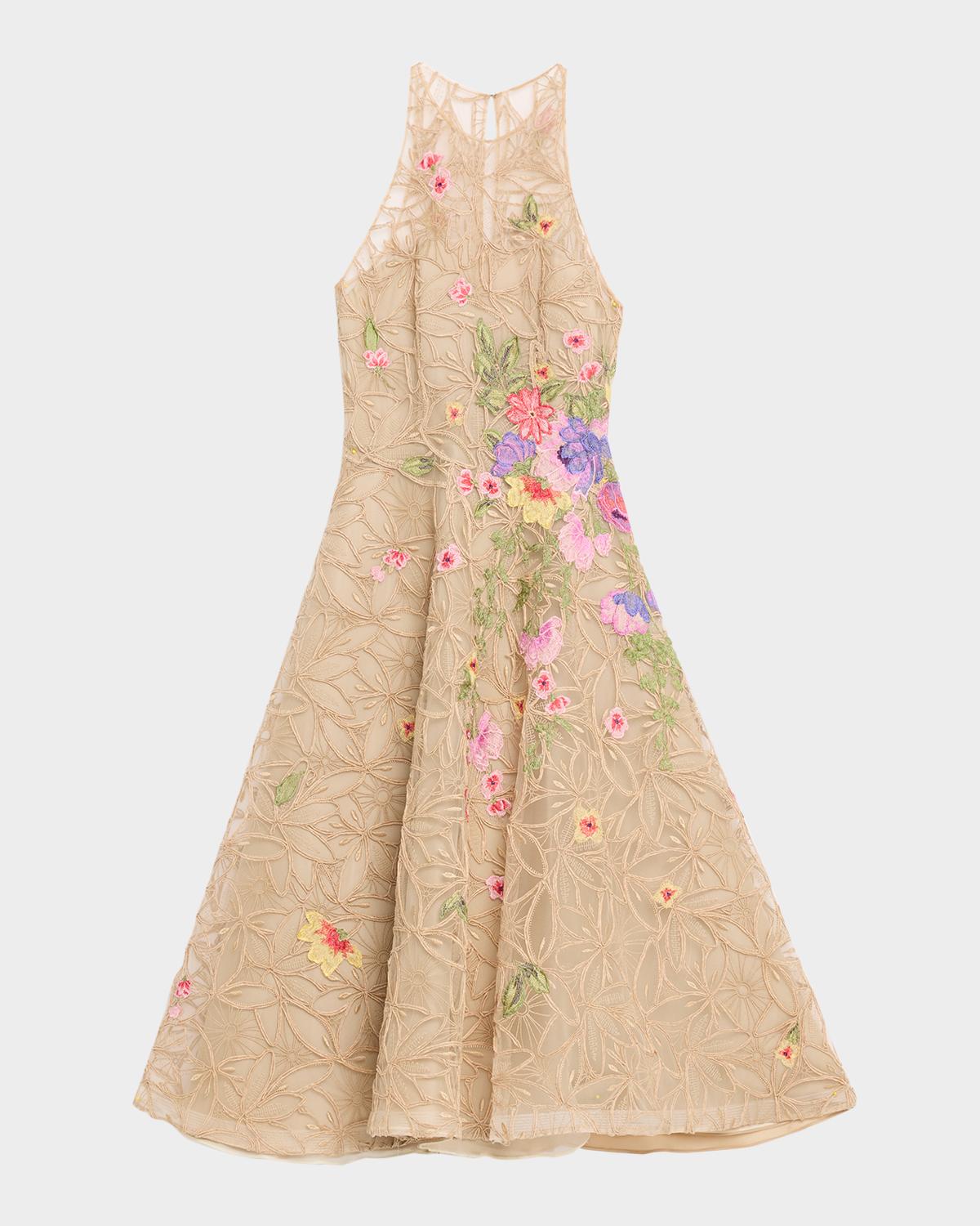 Naeem Khan Raffia Floral Embroidered Sleeveless Midi Dress