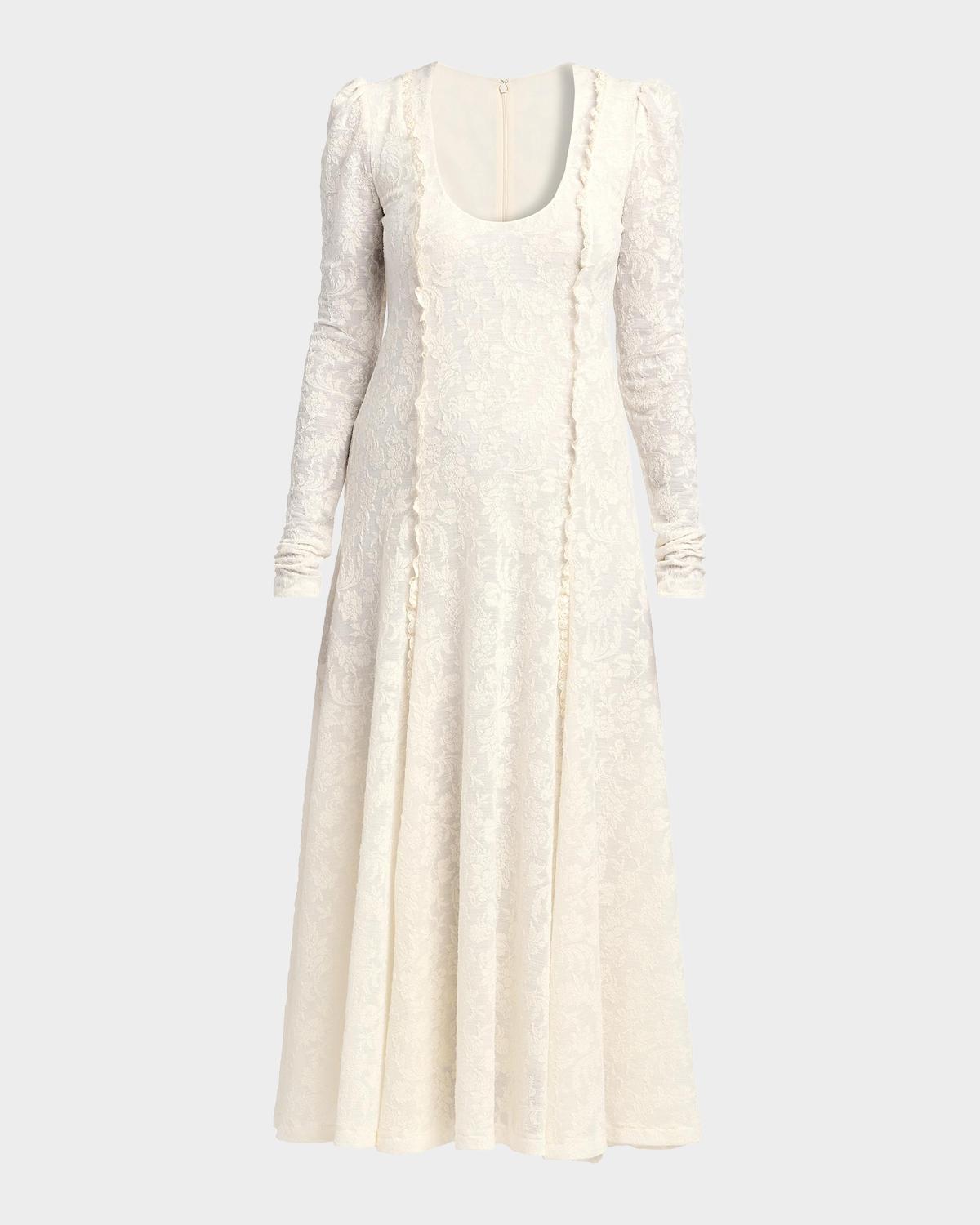 Alberta Ferretti Ruffle Long-Sleeve Wool Lace Maxi Dress