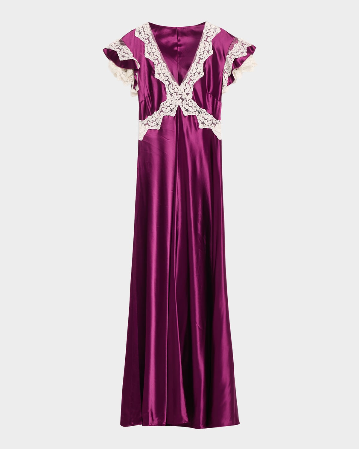 Lace-Trim Ruffle-Sleeve Satin Maxi Dress