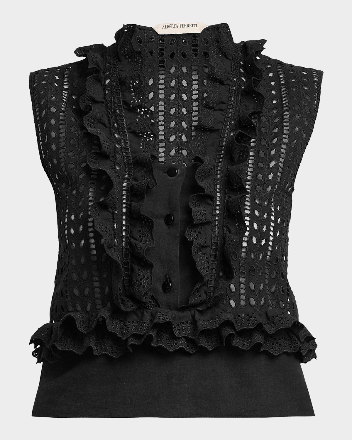 Alberta Ferretti Eyelet Embroidered Ruffle Sleeveless Top