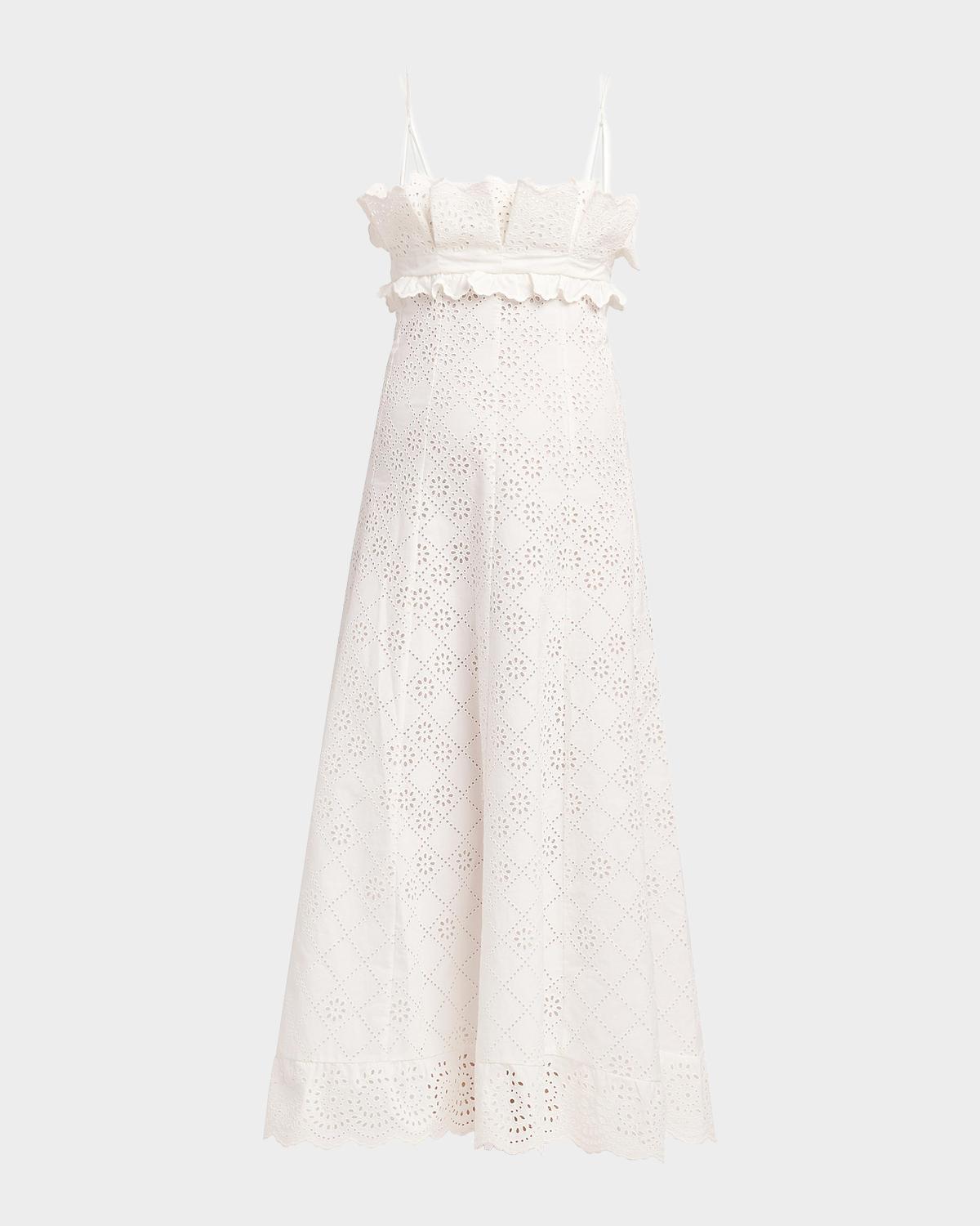 Alberta Ferretti Eyelet Embroidered Ruffle Empire Midi Dress